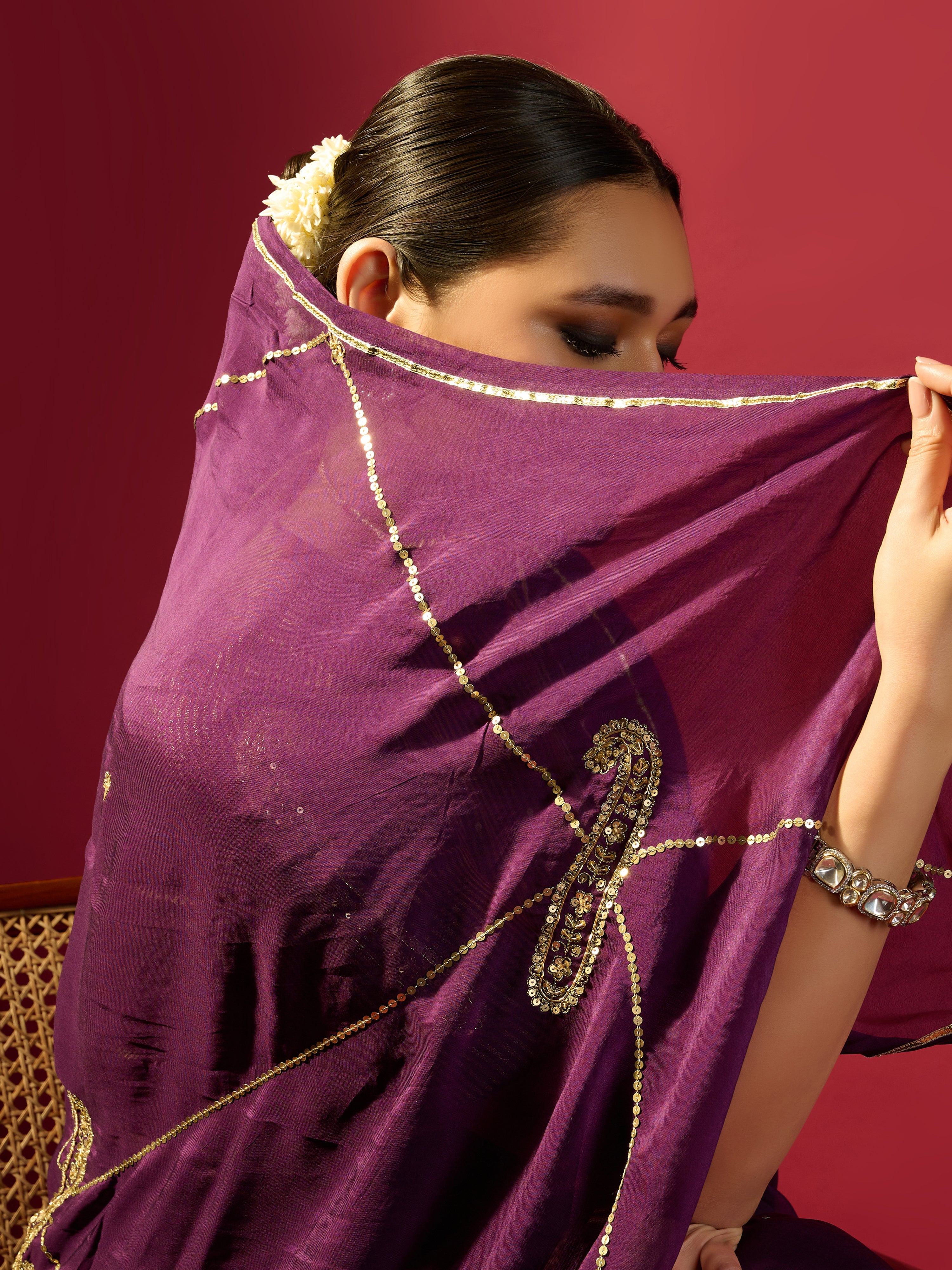 Deep Purple Keri Jaal Saree With Stripe Blouse