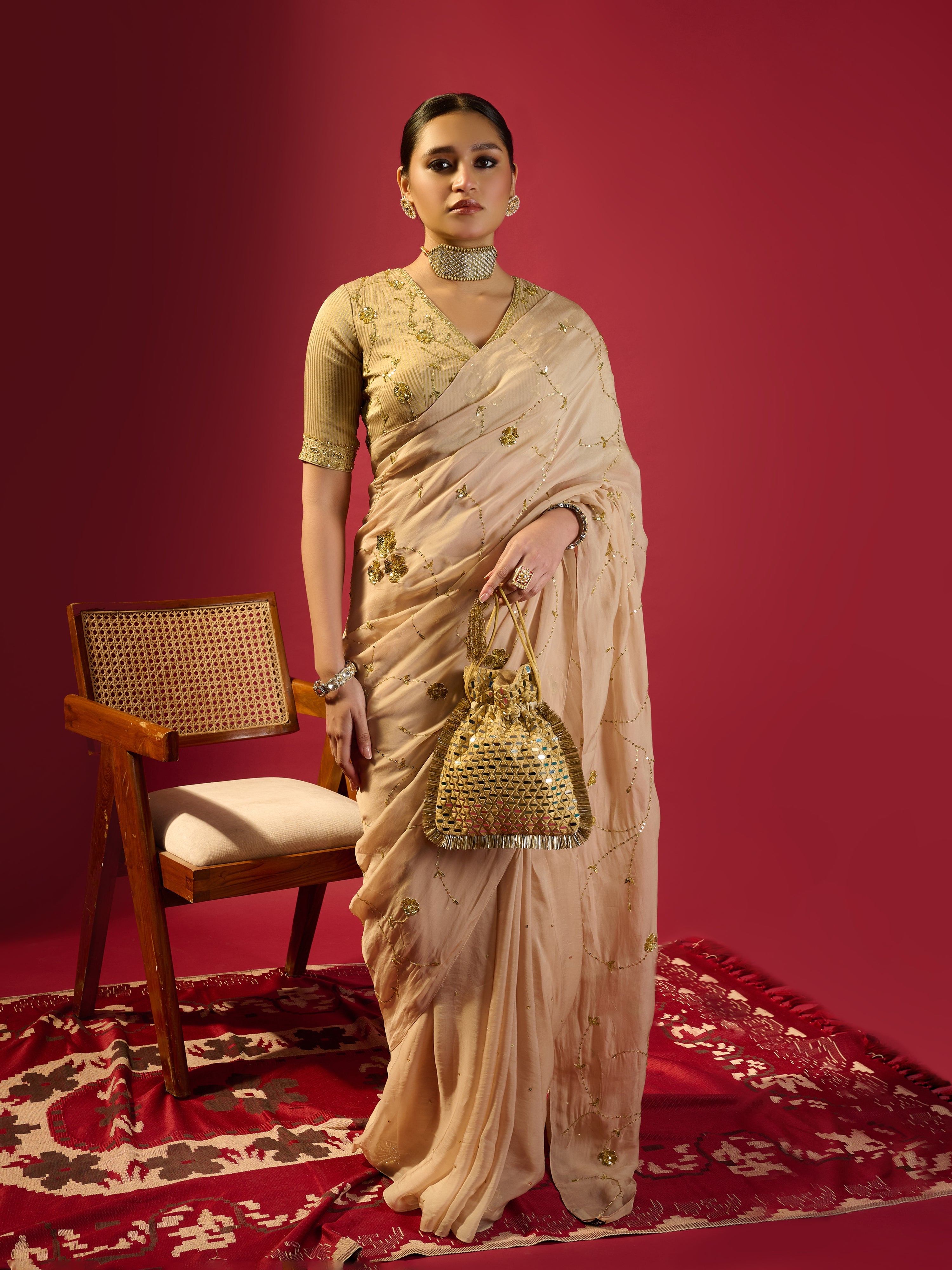 Beige Floral Jaal Saree With Stripe Tissue Blouse