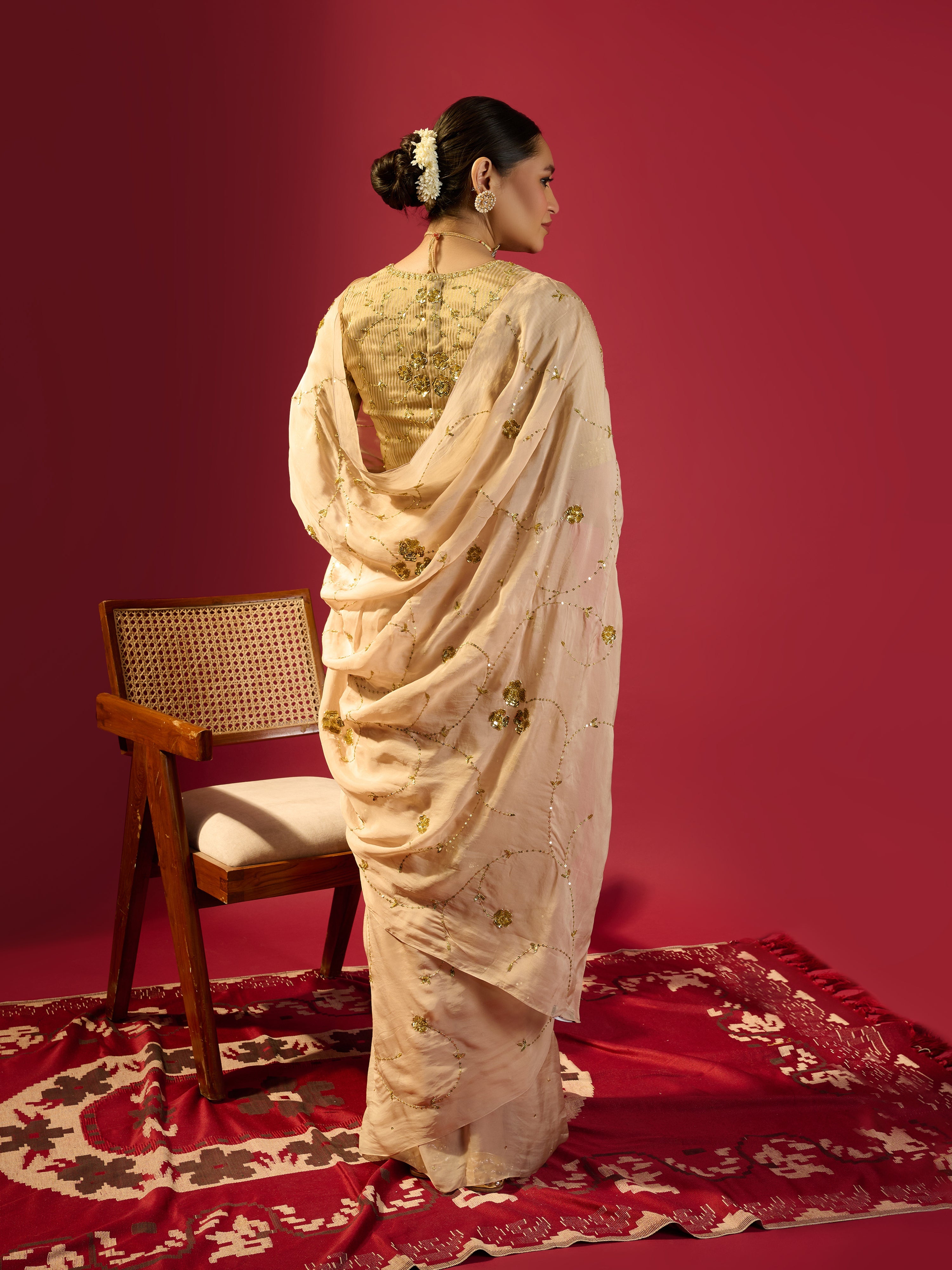 Beige Floral Jaal Saree With Stripe Tissue Blouse