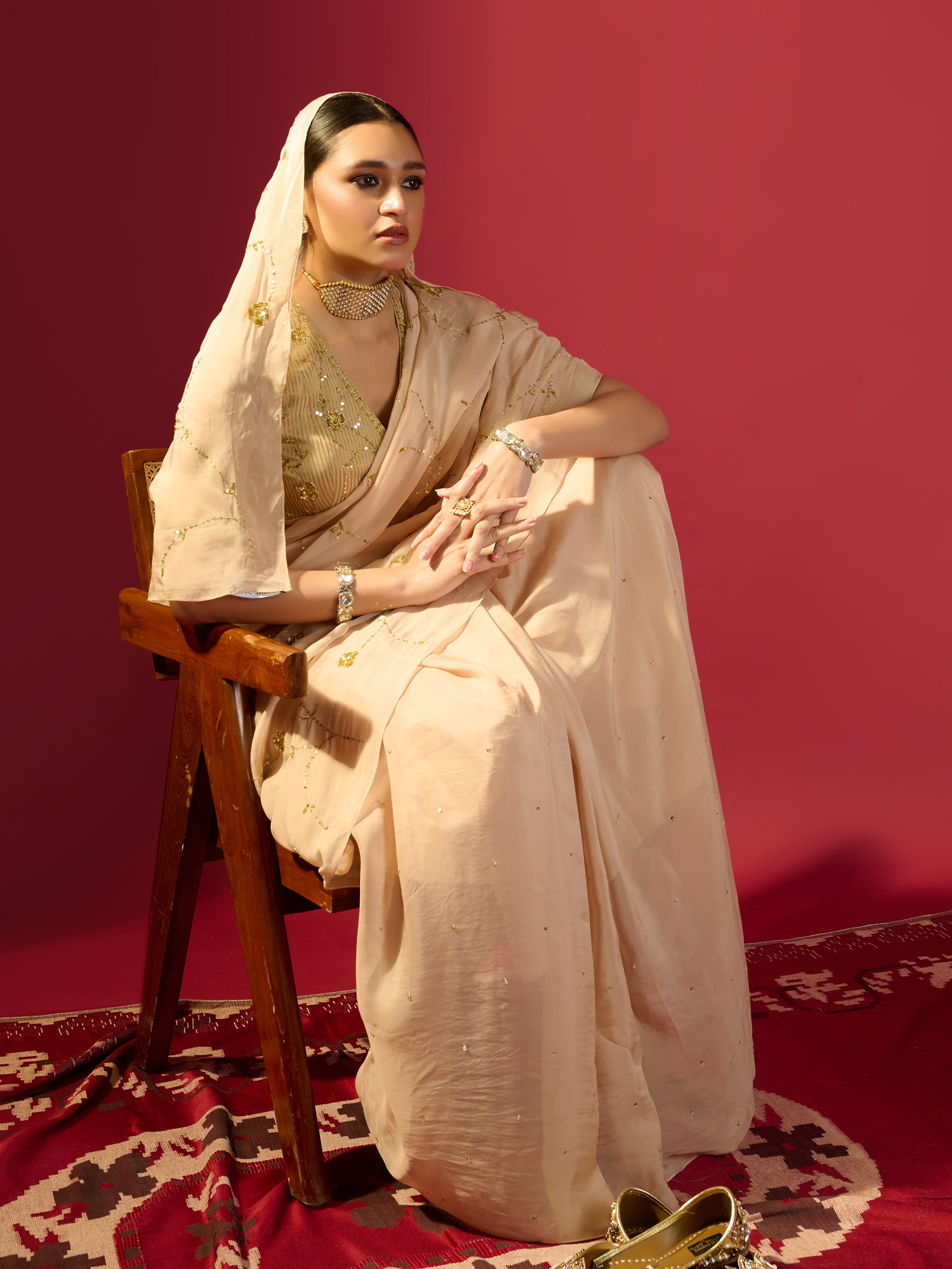 Beige Floral Jaal Saree With Stripe Tissue Blouse