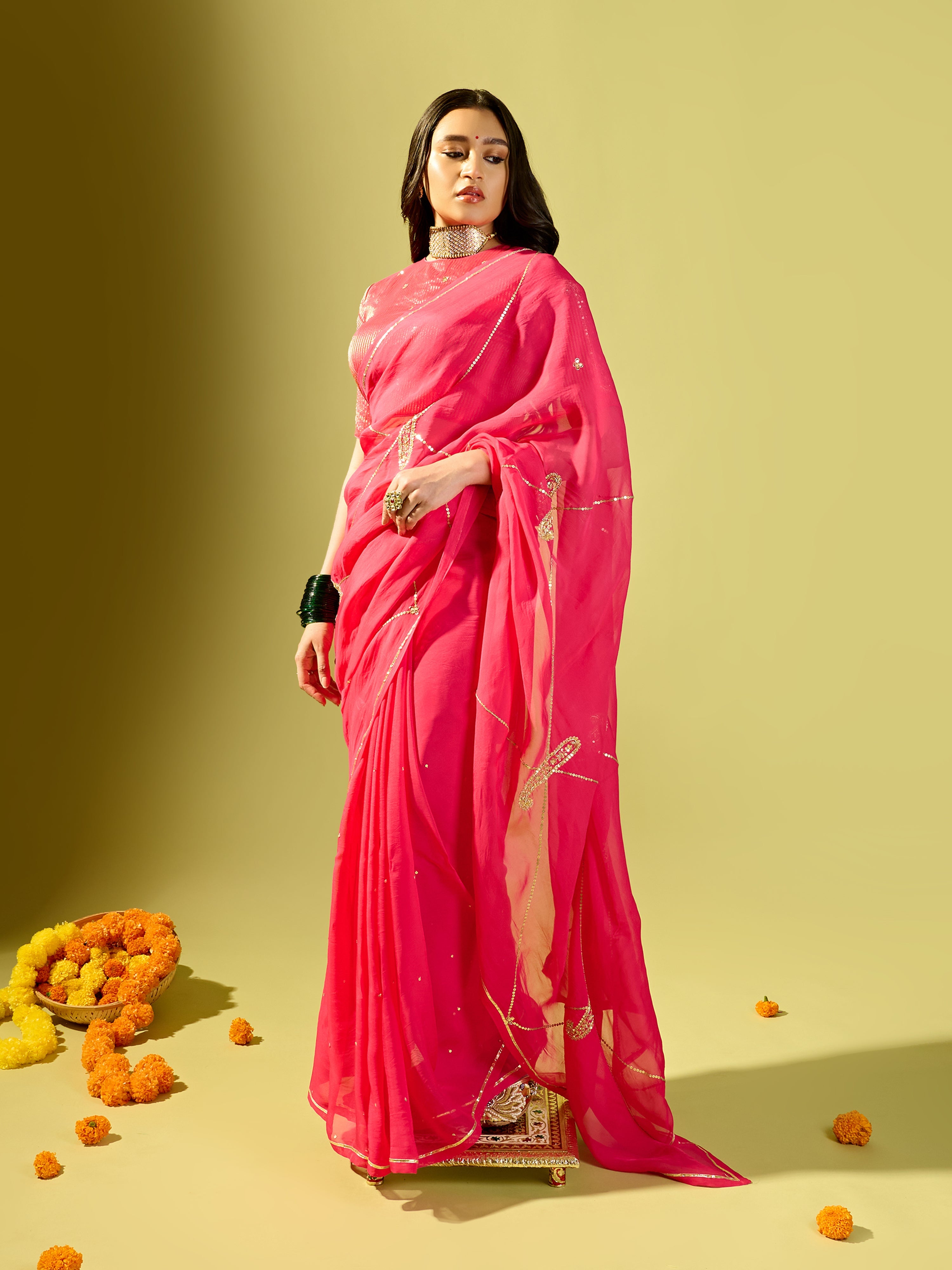 Hot Pink Keri Jaal Saree With Stripe Blouse