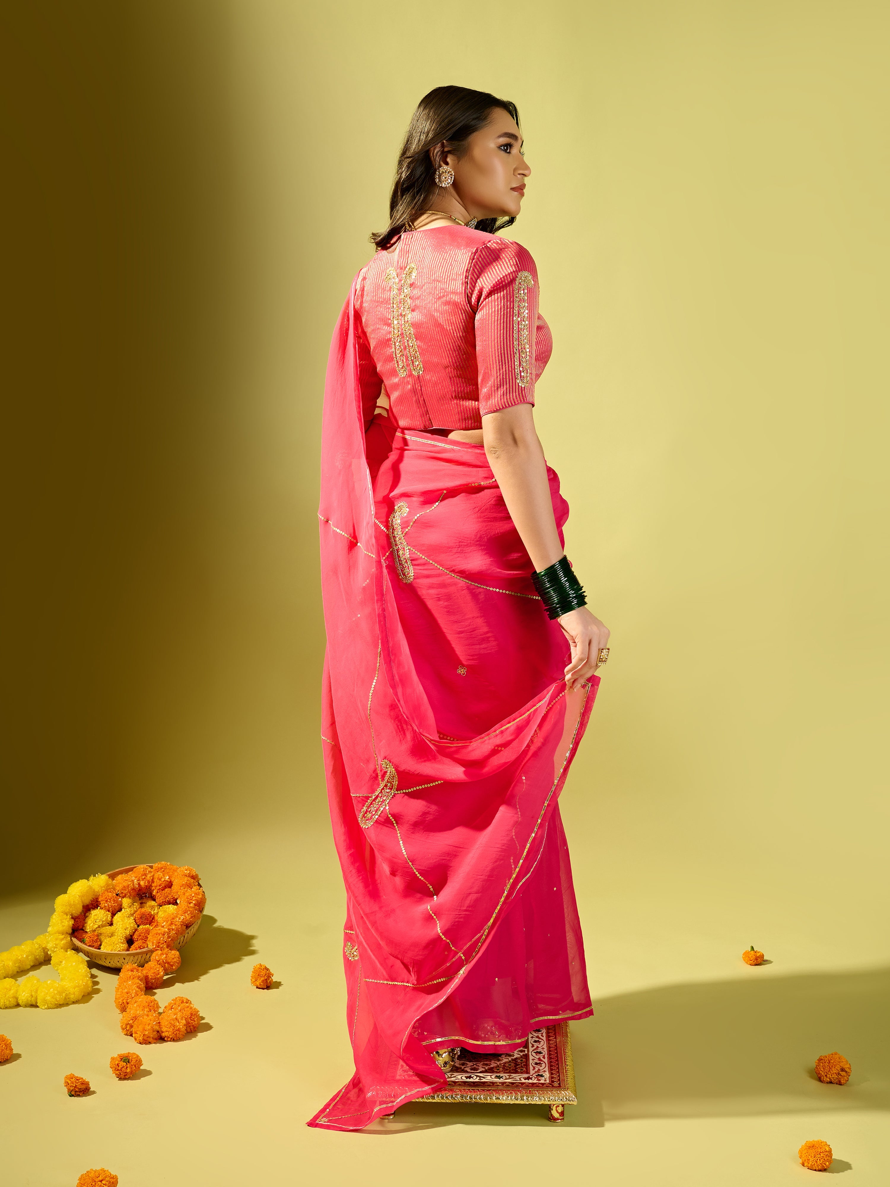 Hot Pink Keri Jaal Saree With Stripe Blouse