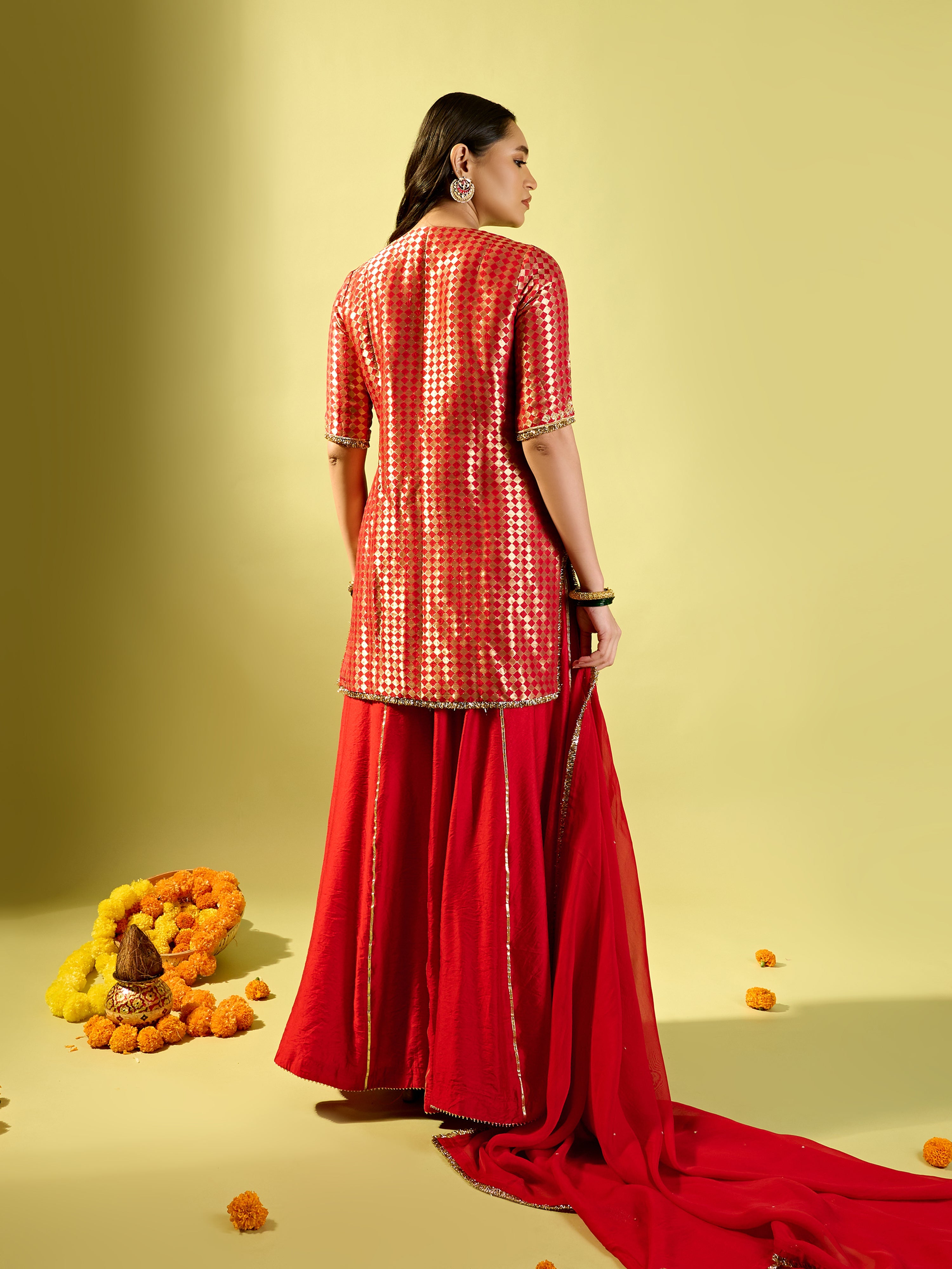 Red Barfi Kurta Palazzo Set