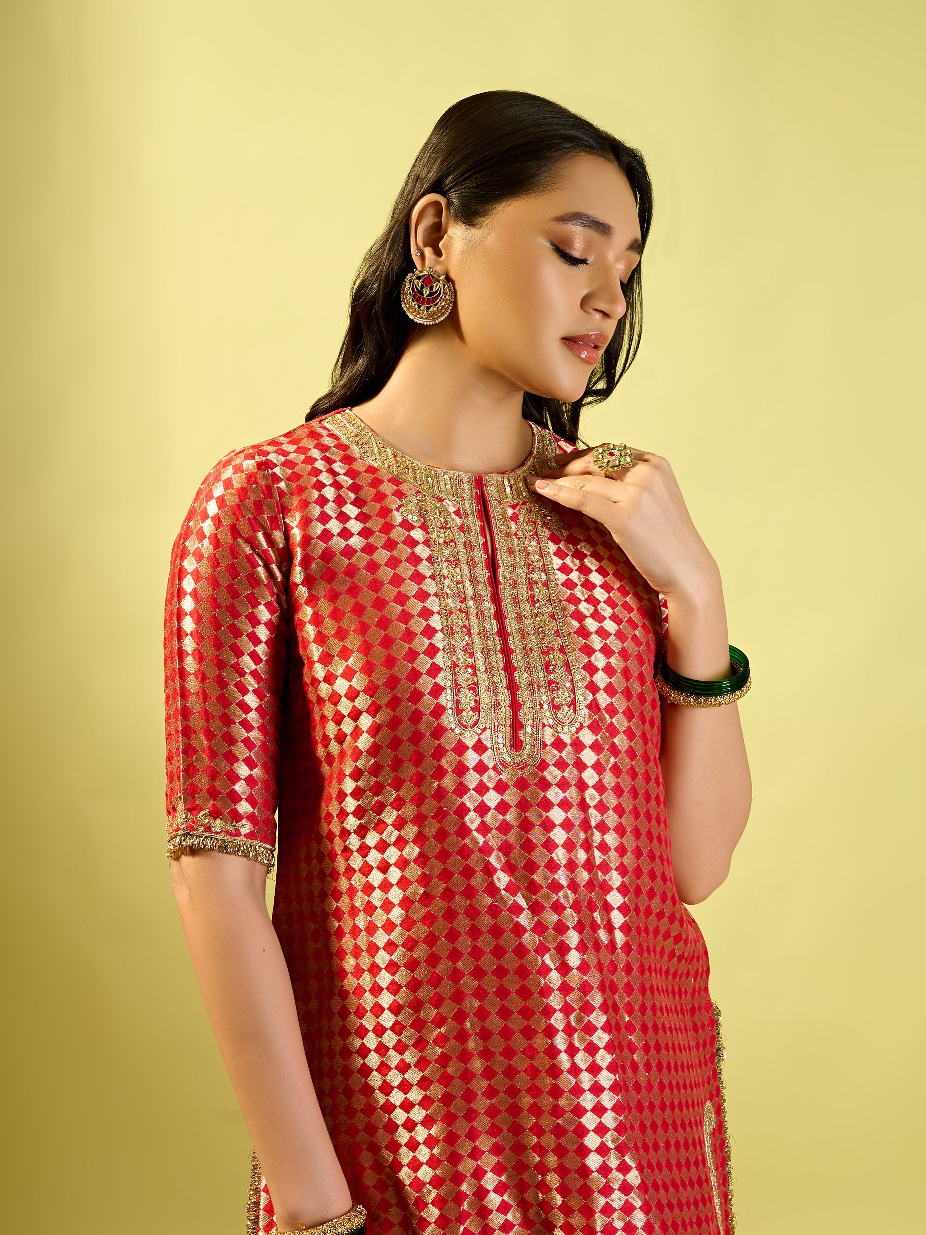 Red Barfi Kurta Palazzo Set