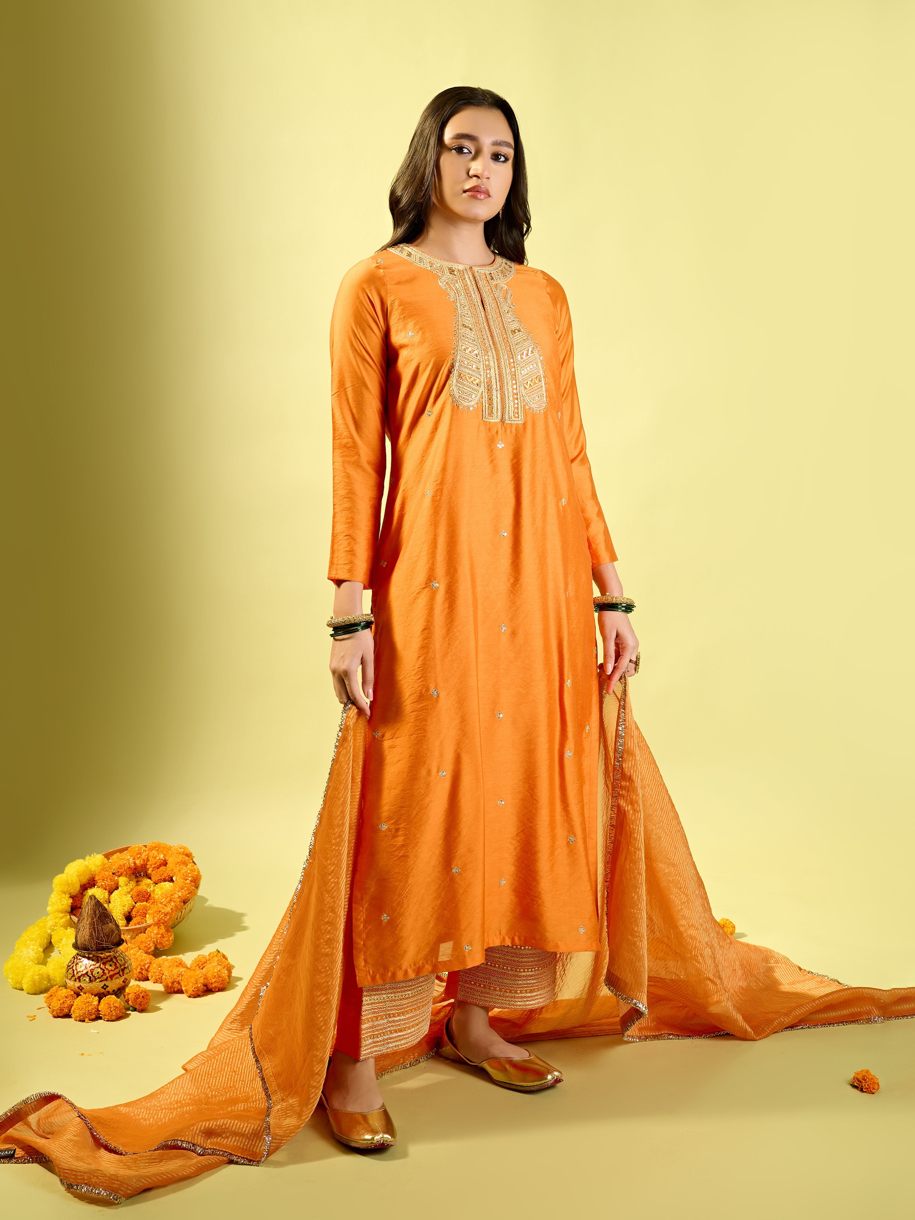 Orange Straight Long Kurta Set