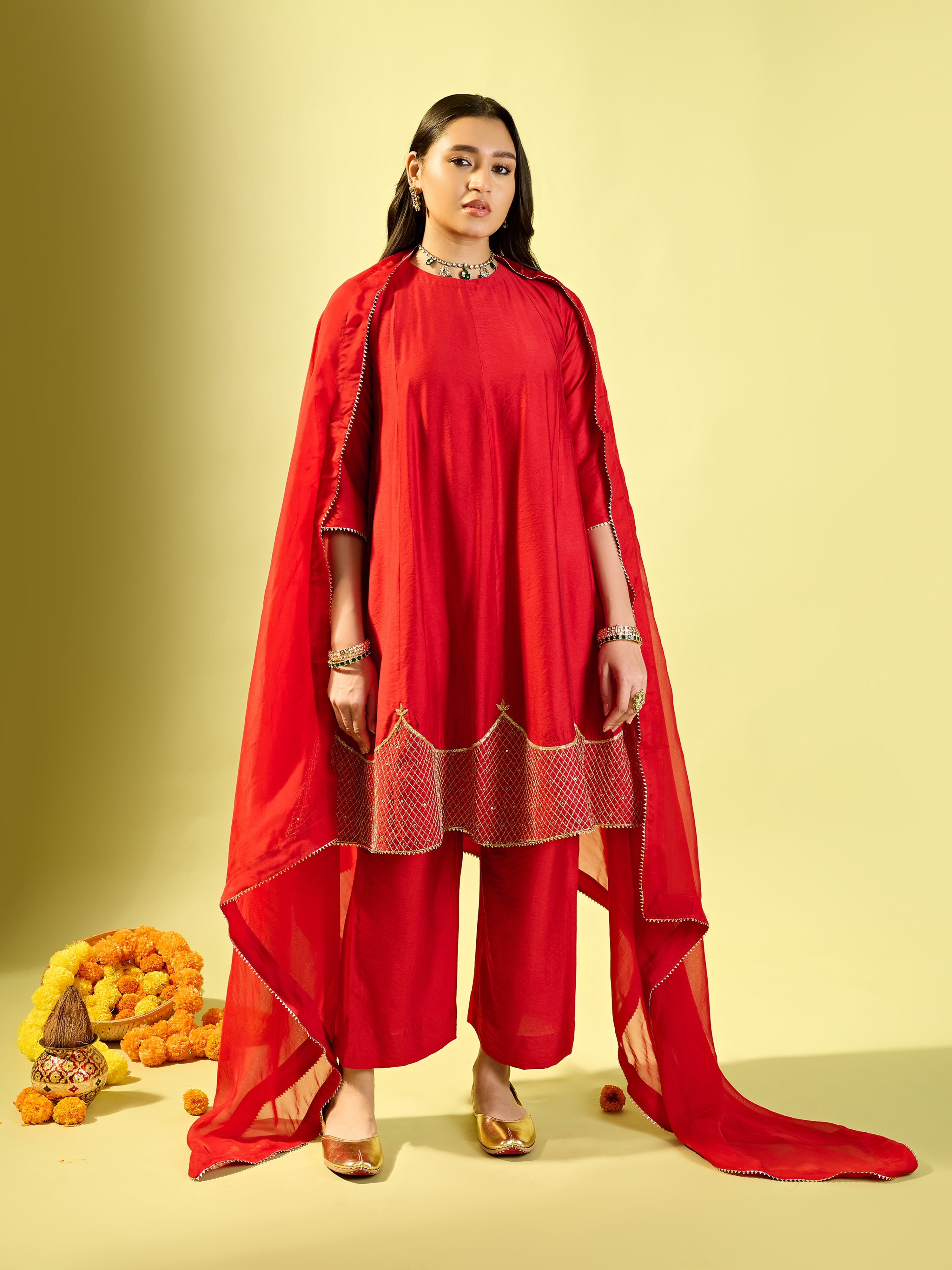 Maroon Shoulder Kali Kurta With Pant And Dupatta