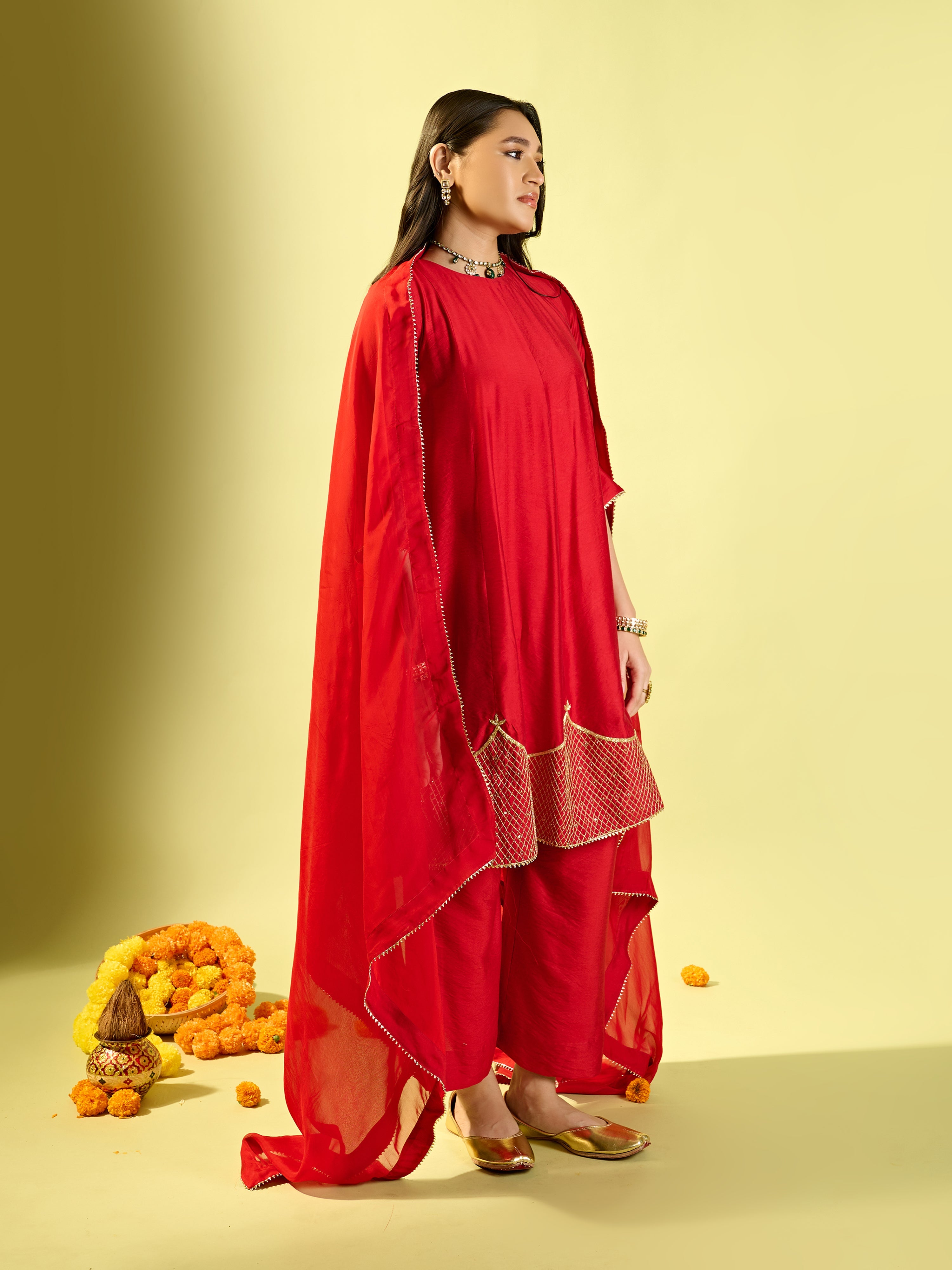 Maroon Shoulder Kali Kurta With Pant And Dupatta