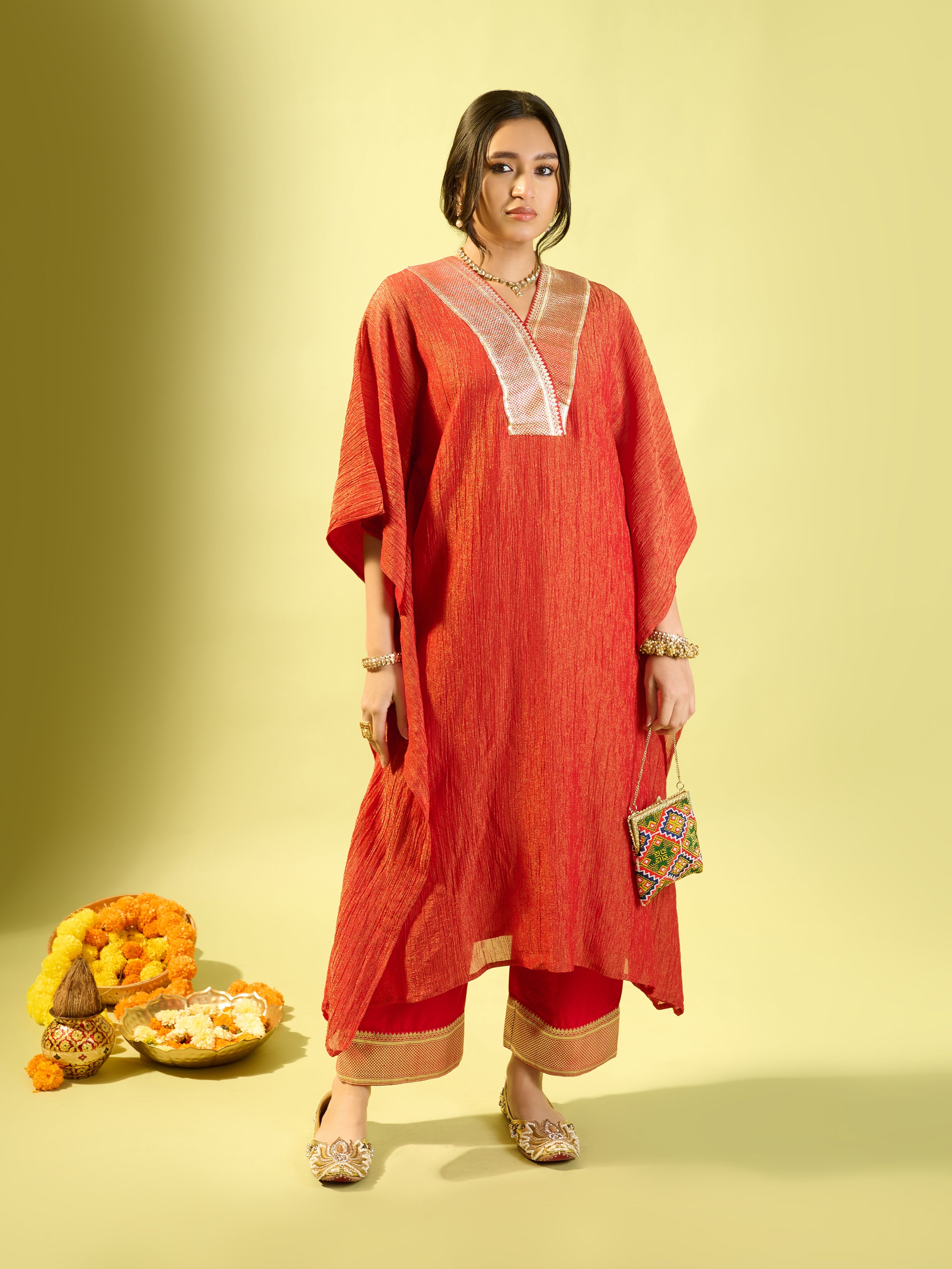 Red Crinkle Kaftan Set