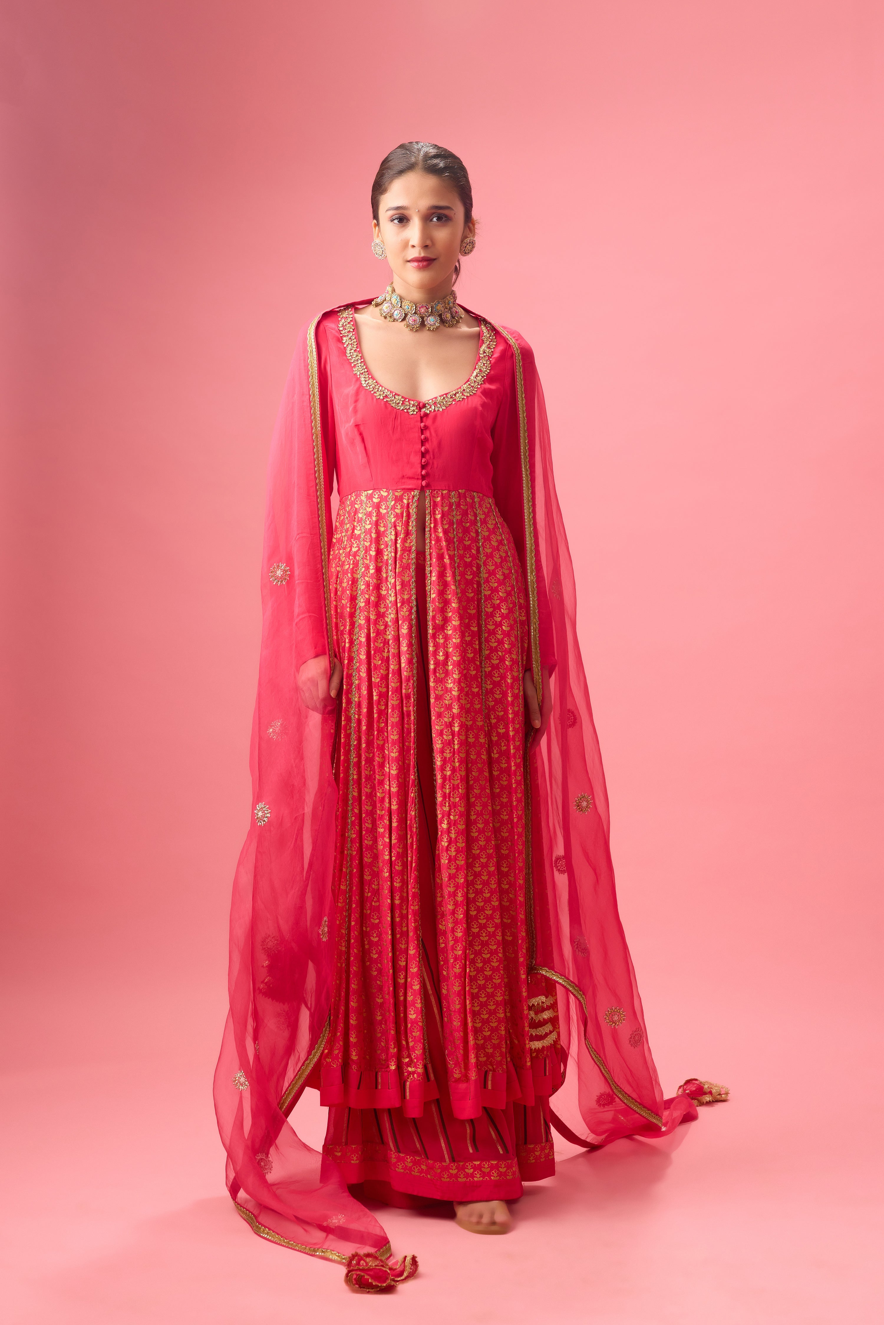 RANI PINK KALIDAR KURTA WITH FLARED PANT AND DUPATTA