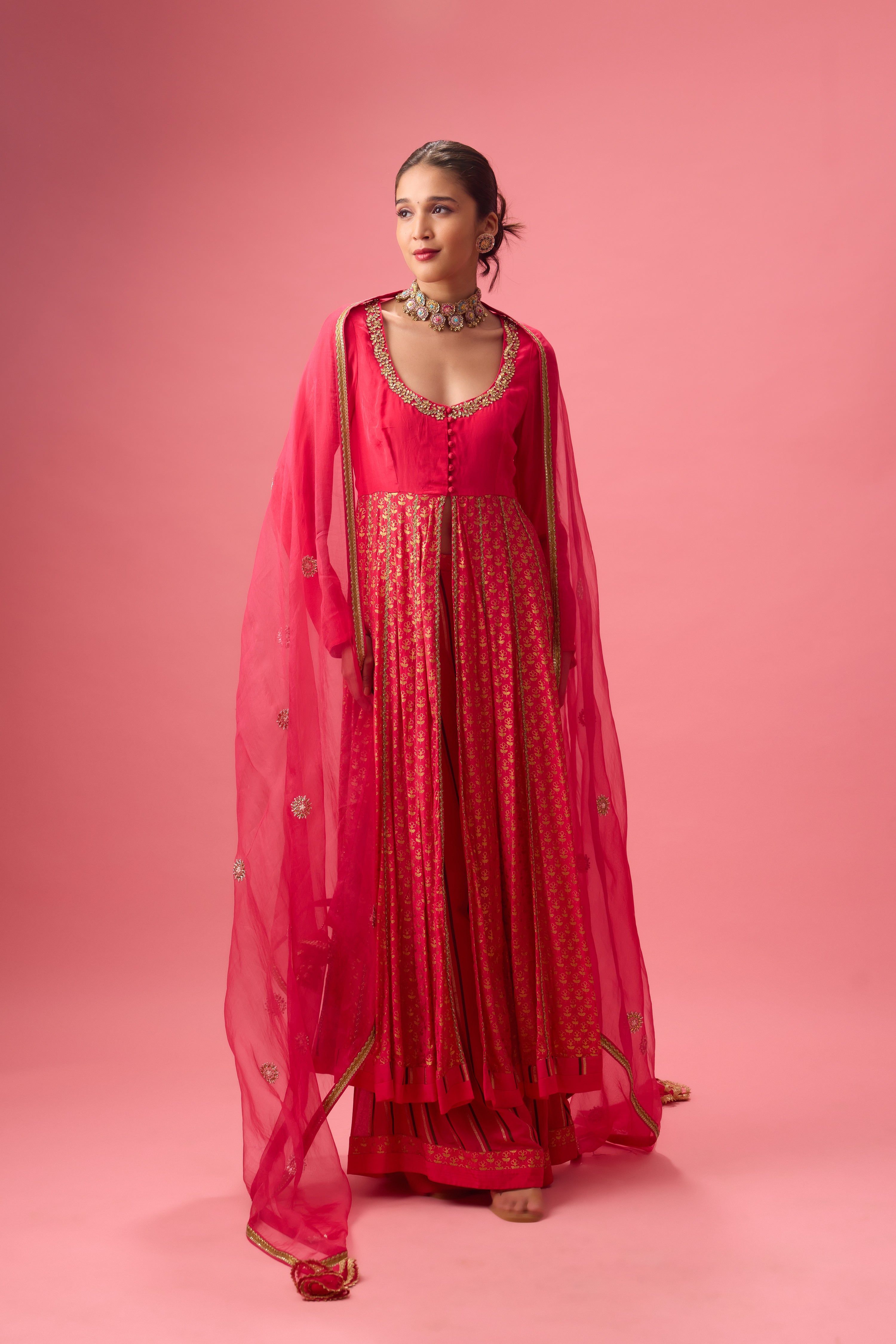 RANI PINK KALIDAR KURTA WITH FLARED PANT AND DUPATTA