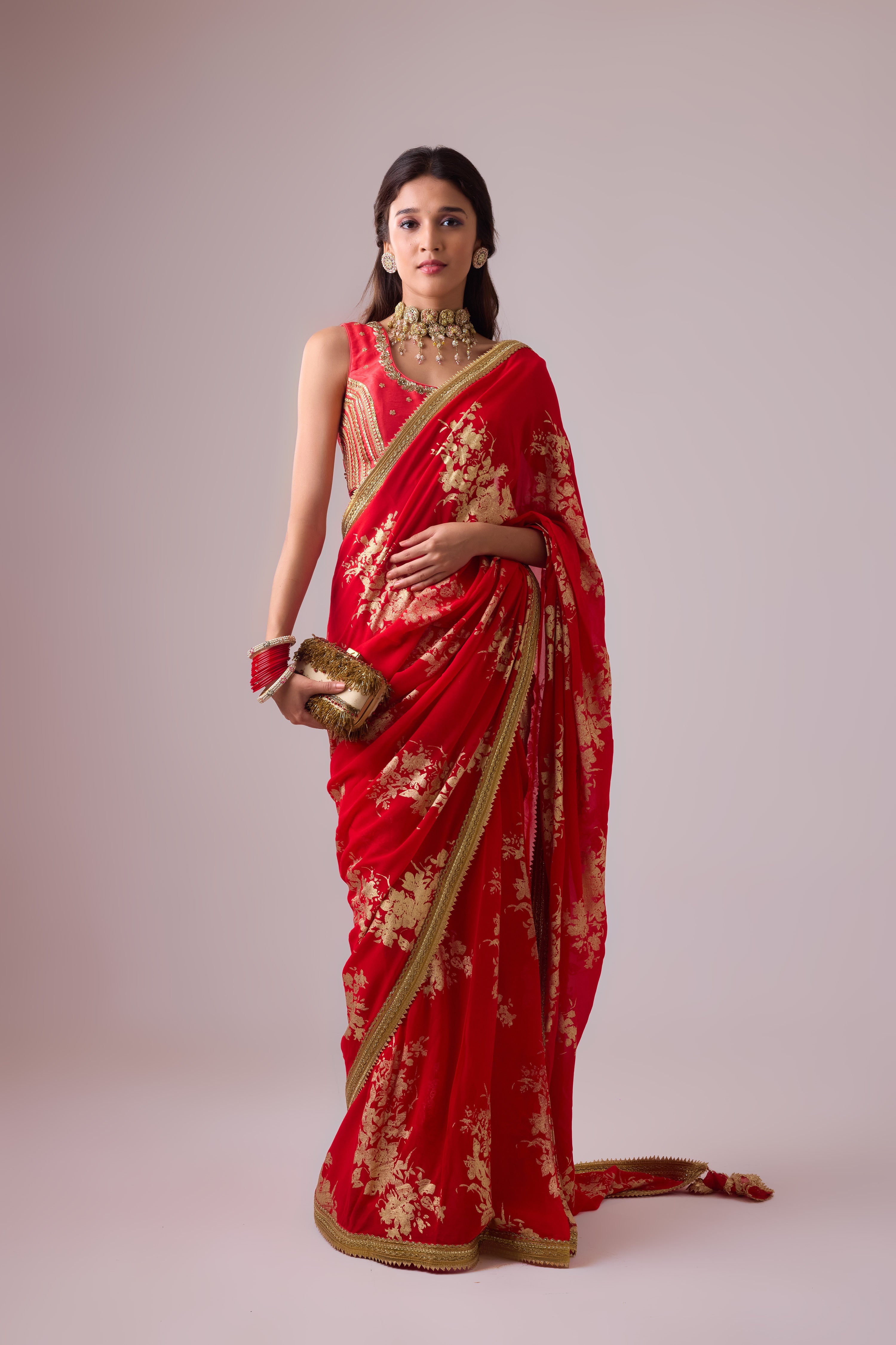 Georgette Badal sitara gold foil printed saree with gota blouse