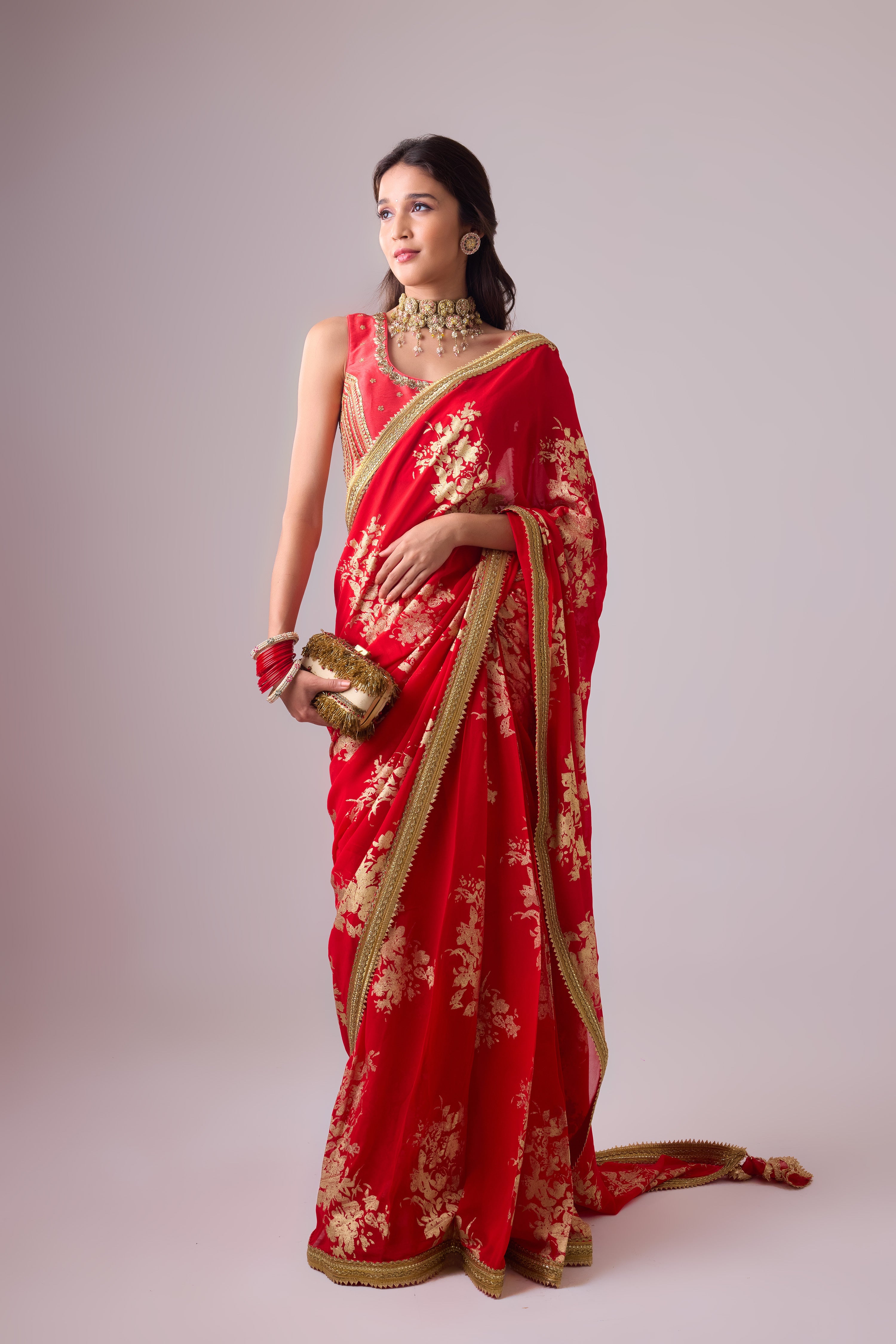 Georgette Badal sitara gold foil printed saree with gota blouse