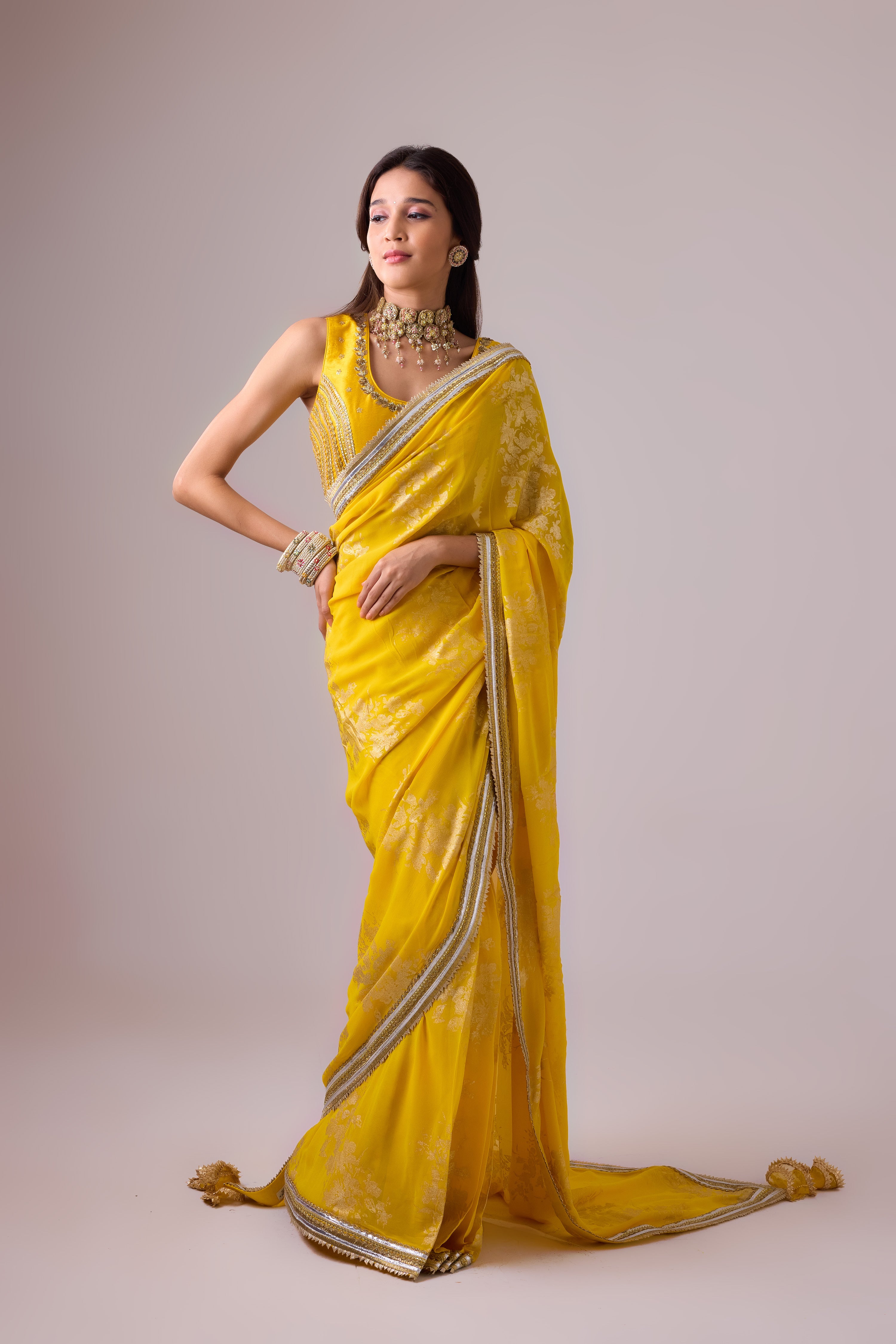 Georgette Badal sitara gold foil printed saree with gota blouse
