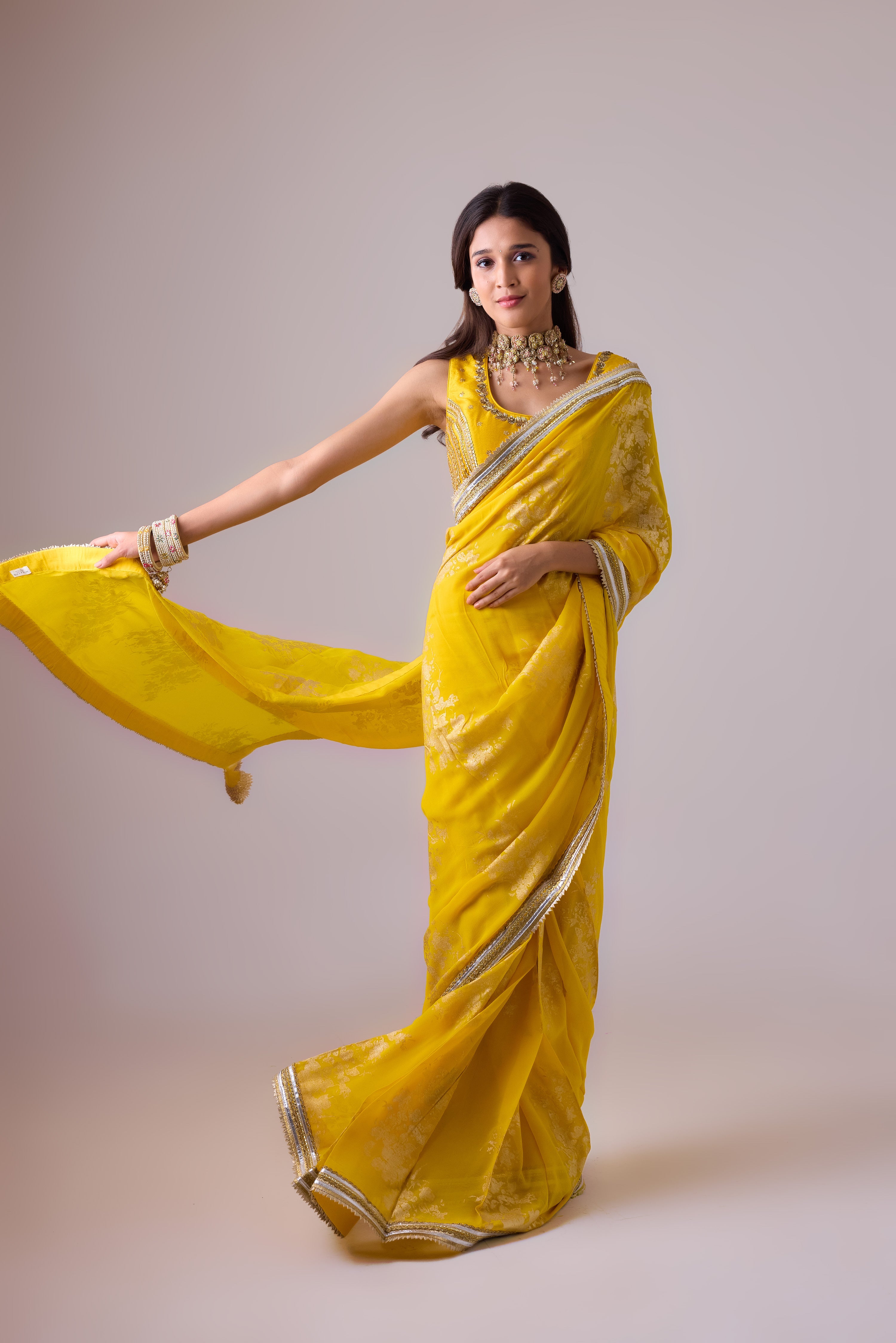 Georgette Badal sitara gold foil printed saree with gota blouse