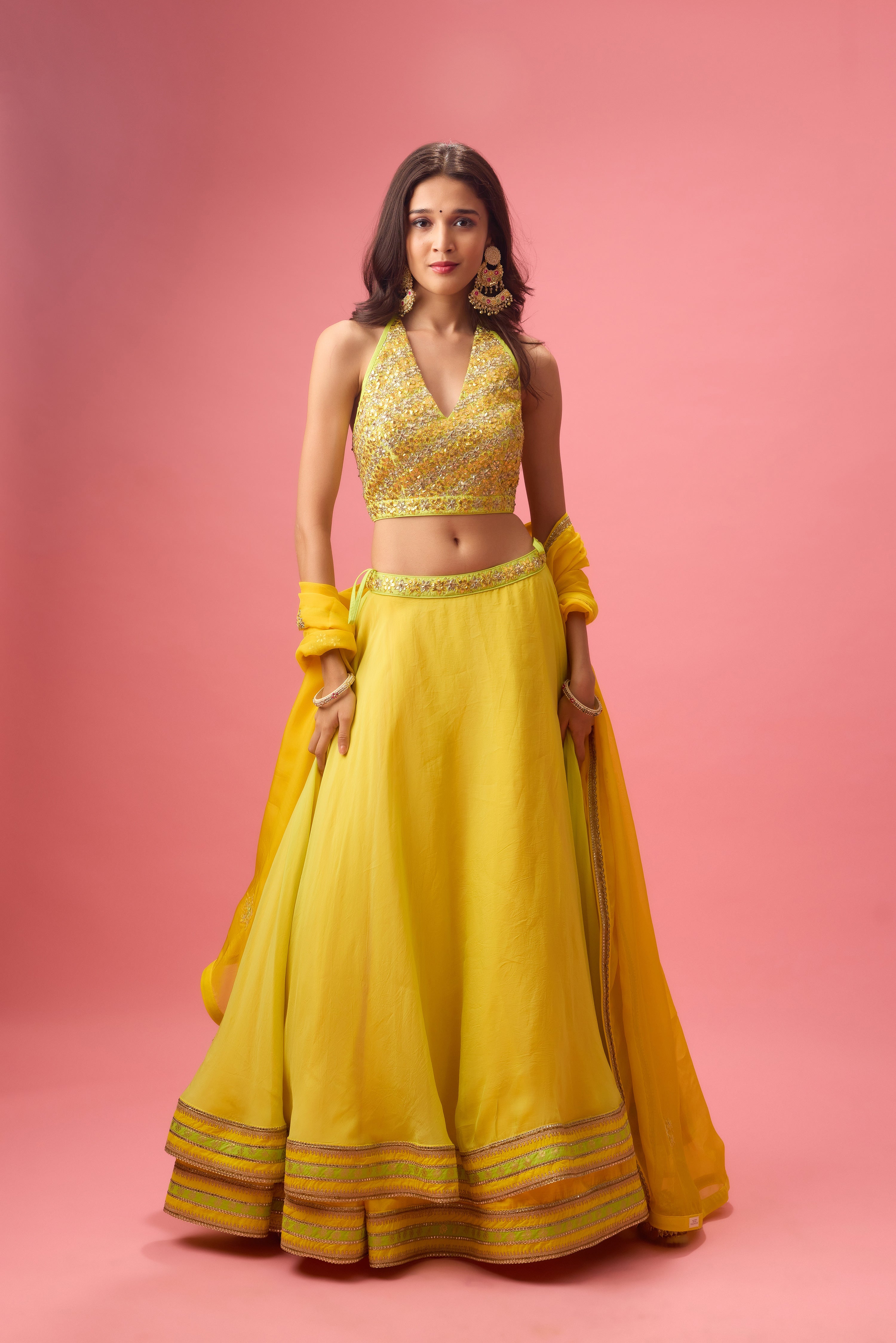 LIME GREEN DOUBLE LAYER ORGANZA LEHENGA PAIRED WITH BLOUSE &DUPATTA