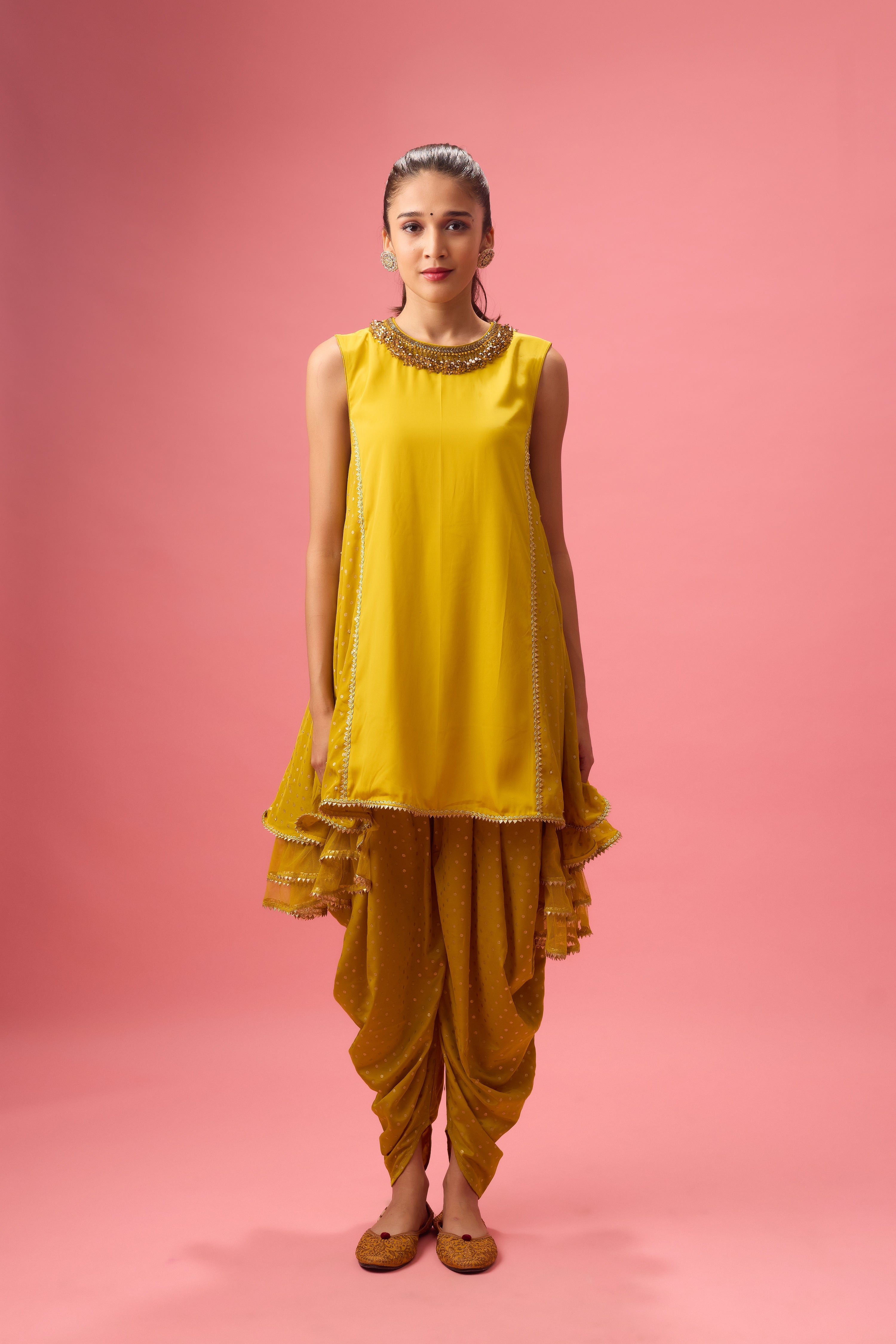 OLIVE KURTA WITH FOILING AND HAND EMB. ON NECK PAIRED WITH DHOTI