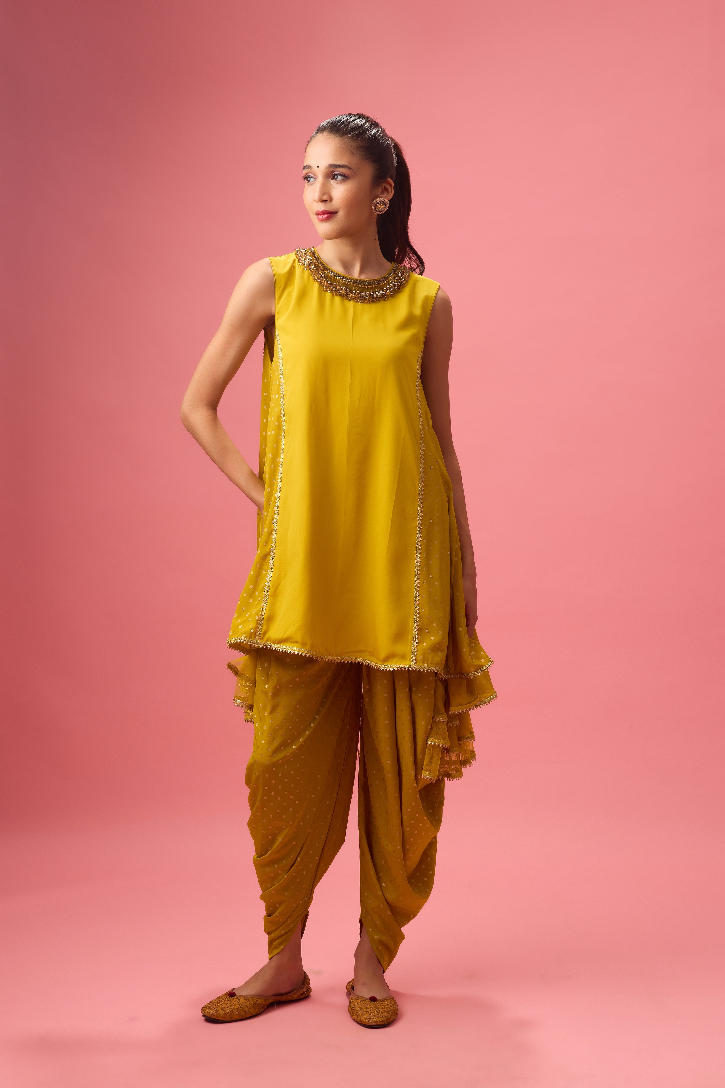 OLIVE KURTA WITH FOILING AND HAND EMB. ON NECK PAIRED WITH DHOTI