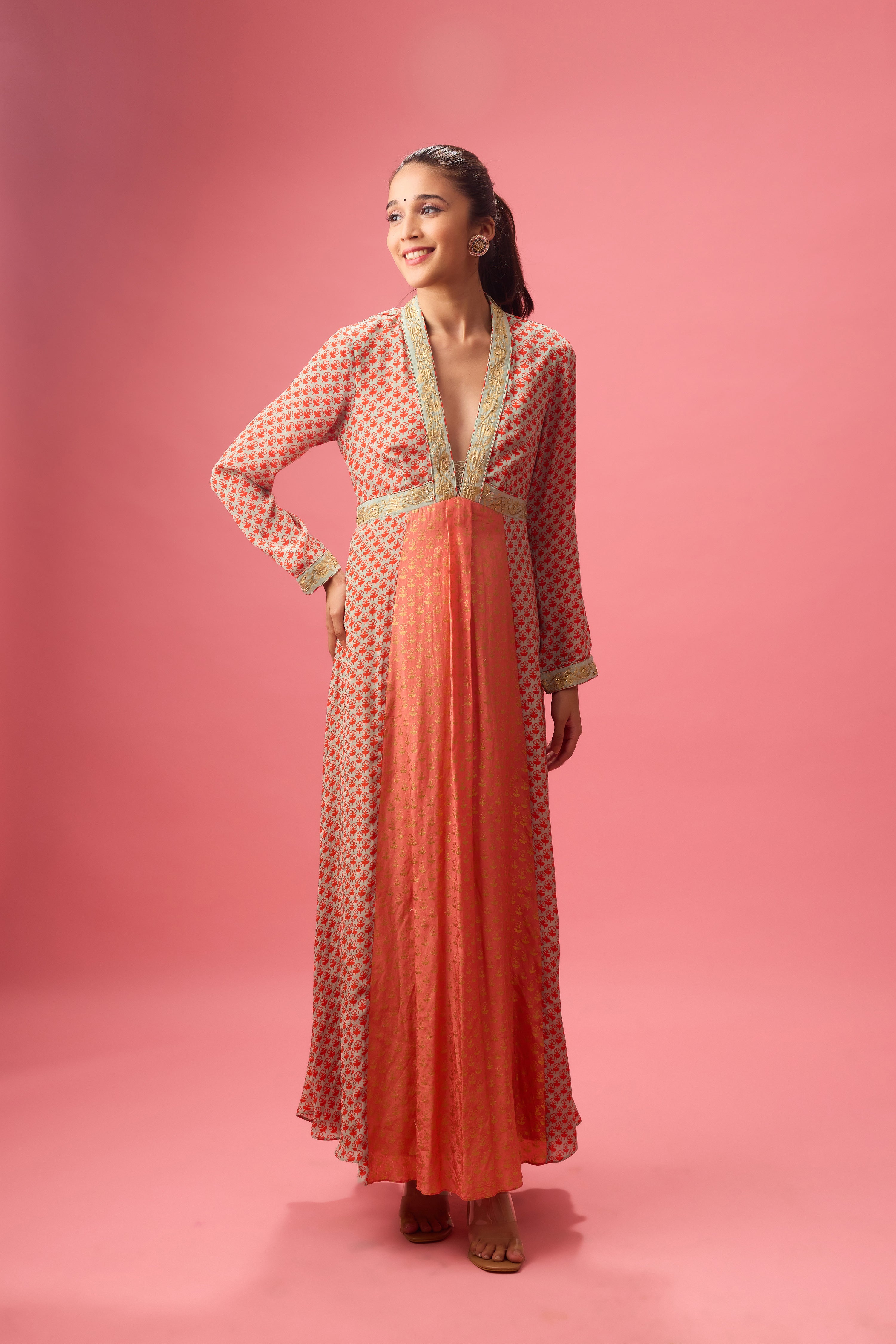 KALIDAR KURTA WITH PRINT AND EMBROIDERY PAIRED WITH CHURIDAR