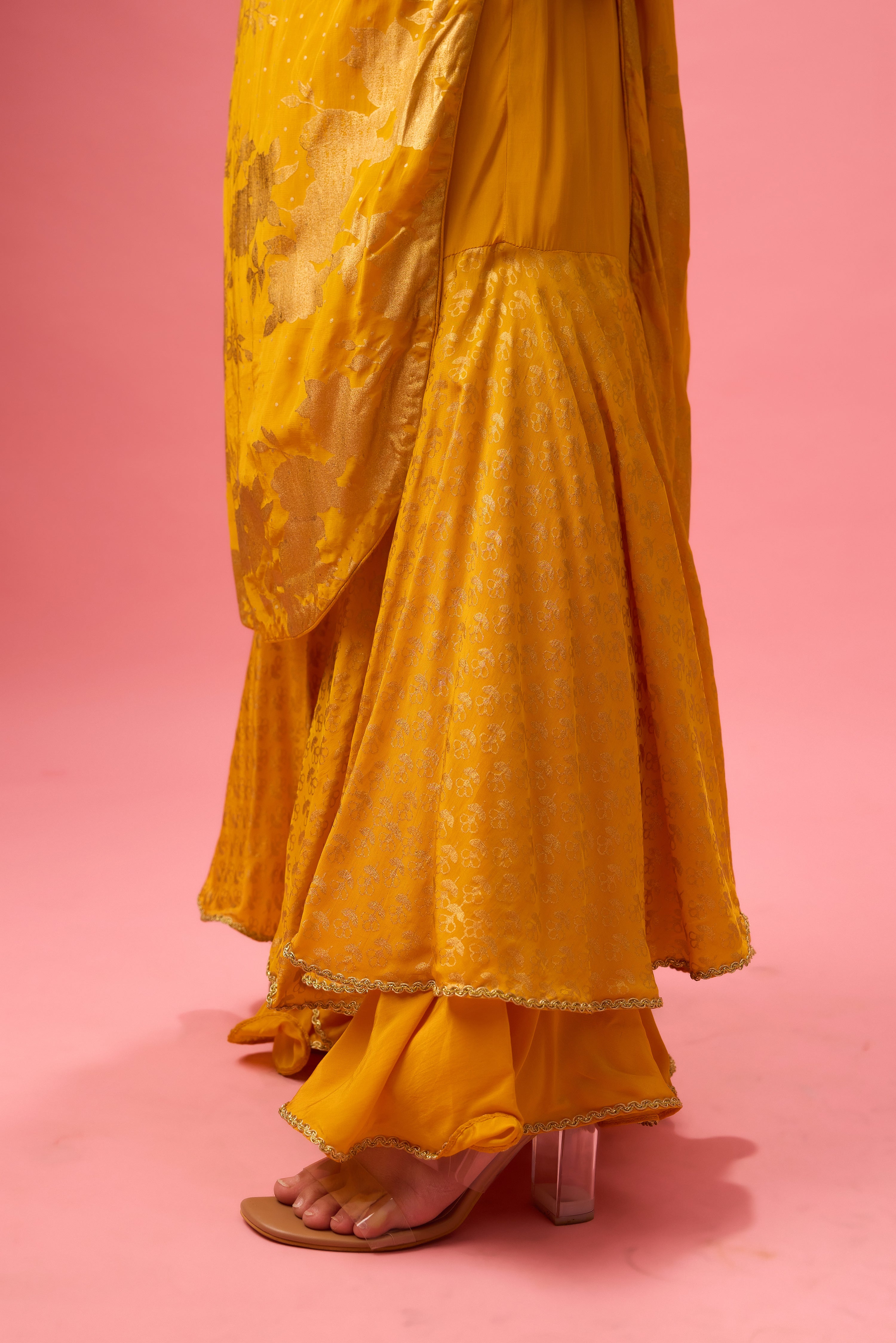 OCHRE SHARARA SET WITH FOIL PRINTING PAIRED WITH HAND EMB.DUPATTA