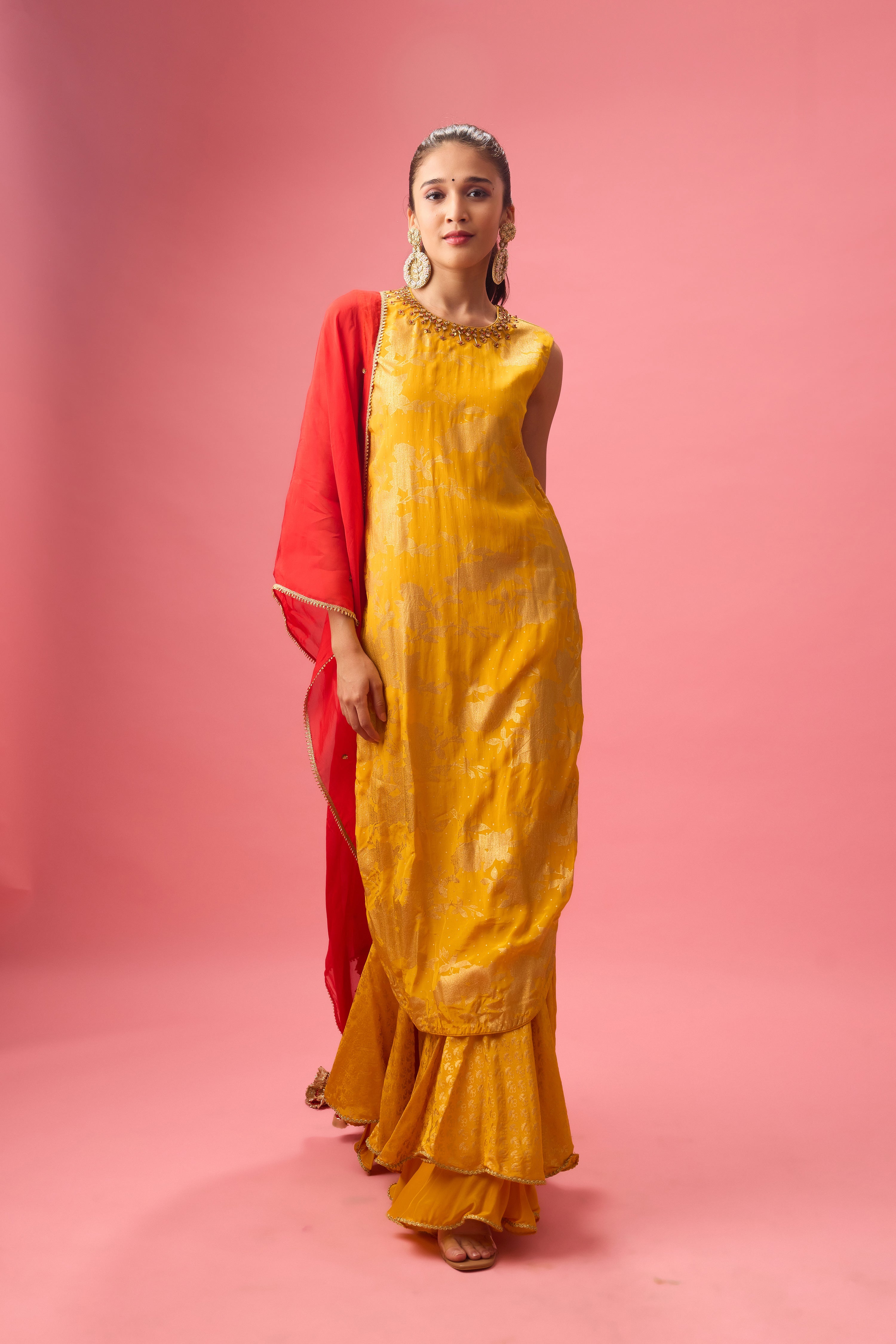 OCHRE SHARARA SET WITH FOIL PRINTING PAIRED WITH HAND EMB.DUPATTA