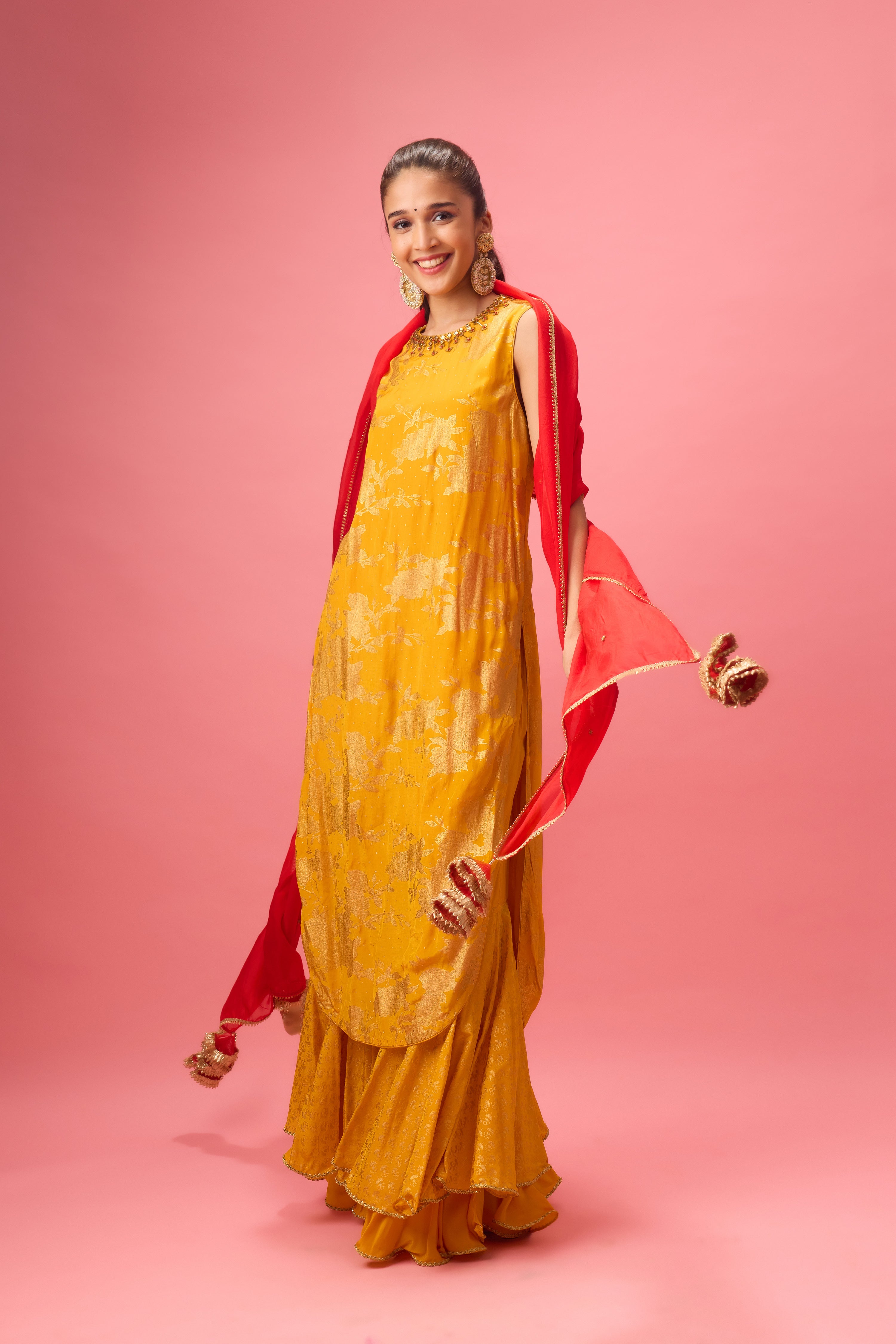 OCHRE SHARARA SET WITH FOIL PRINTING PAIRED WITH HAND EMB.DUPATTA