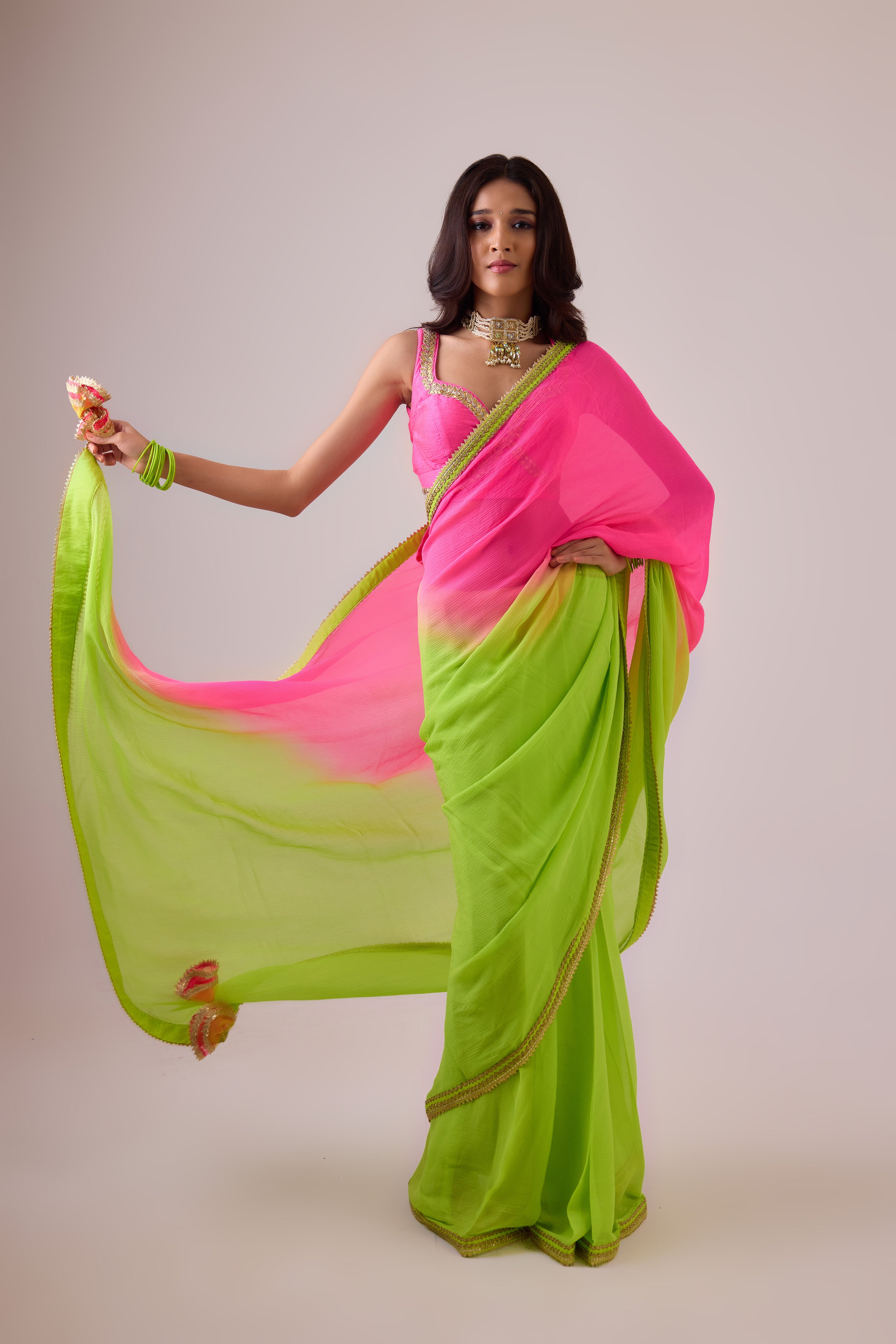 Pure silk chiffon ombre saree and gota borders