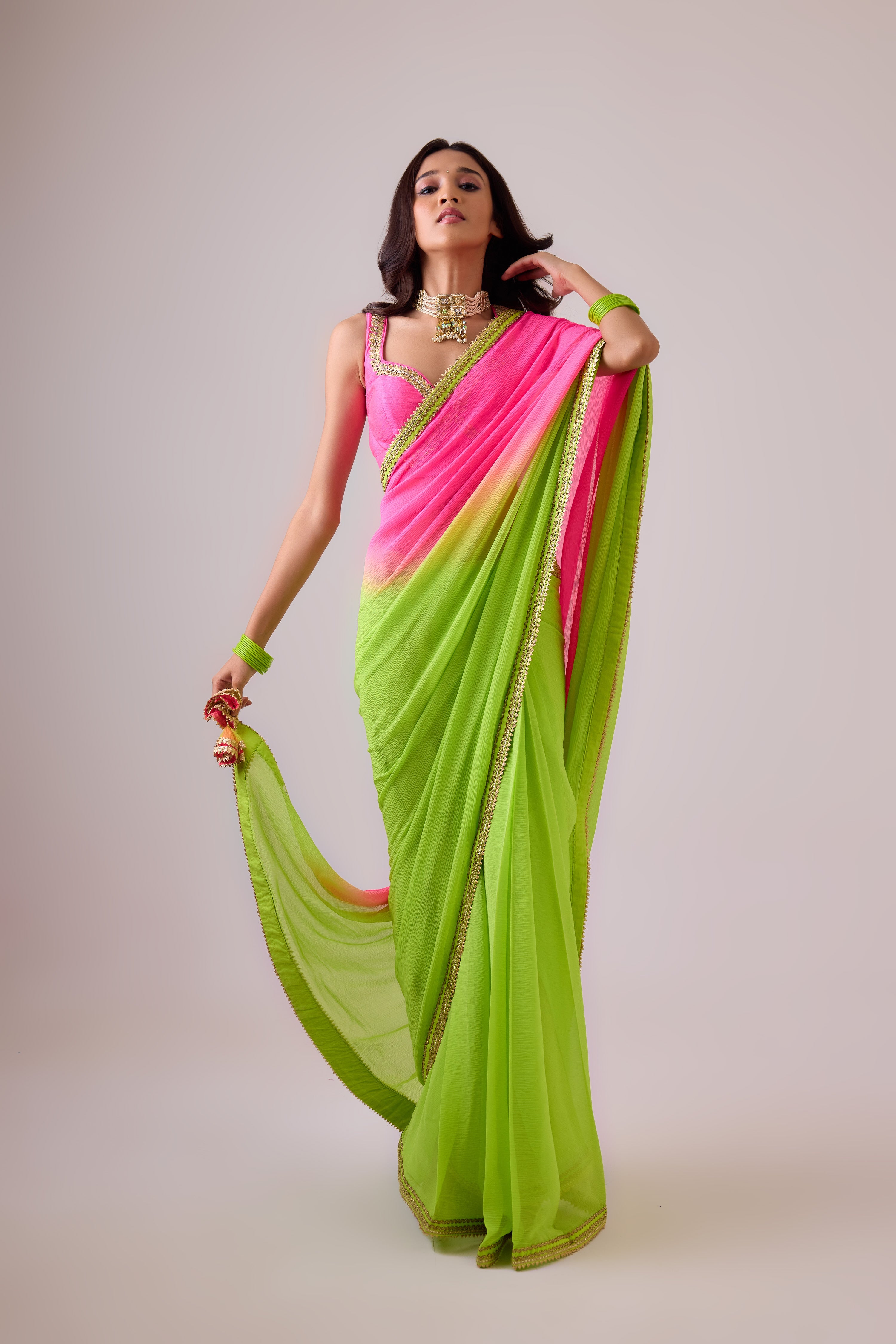 Pure silk chiffon ombre saree and gota borders