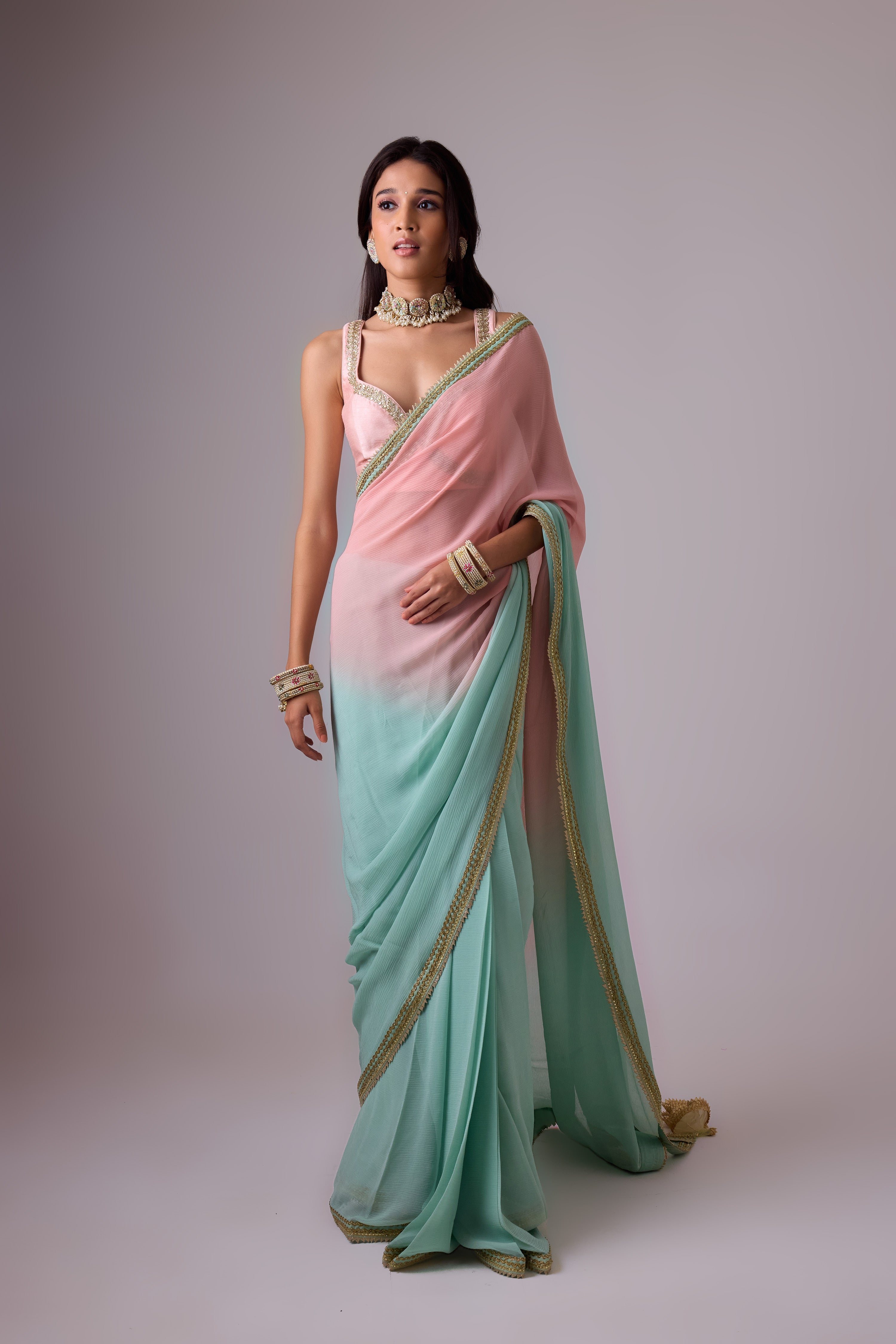 Pure silk chiffon ombre saree and gota borders