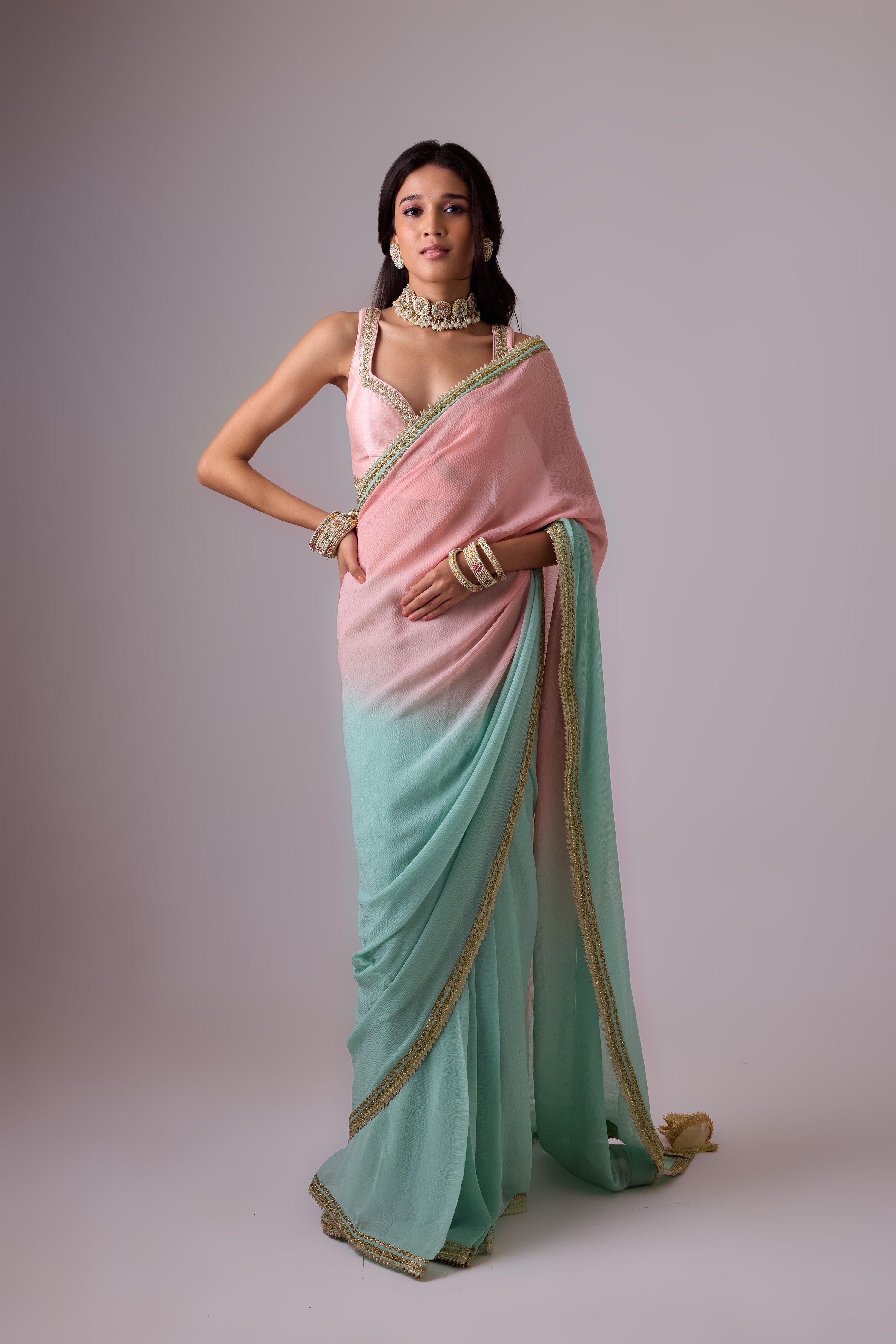 Pure silk chiffon ombre saree and gota borders