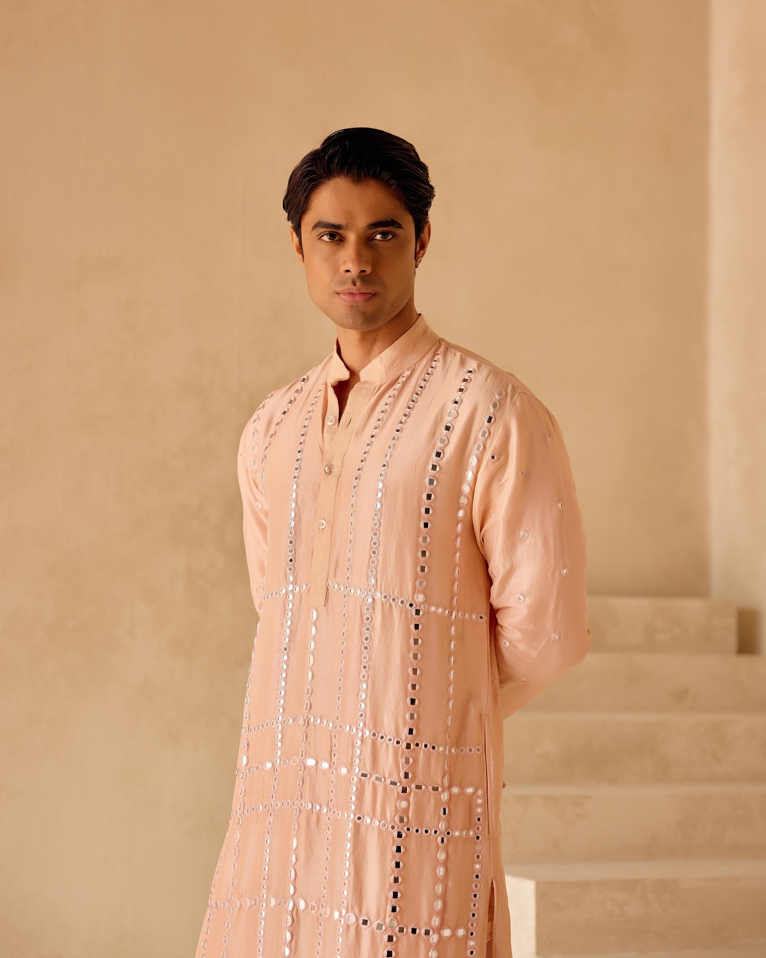 PEACH SILK KURTA WITH MIRRORWORK CHECK JAAL