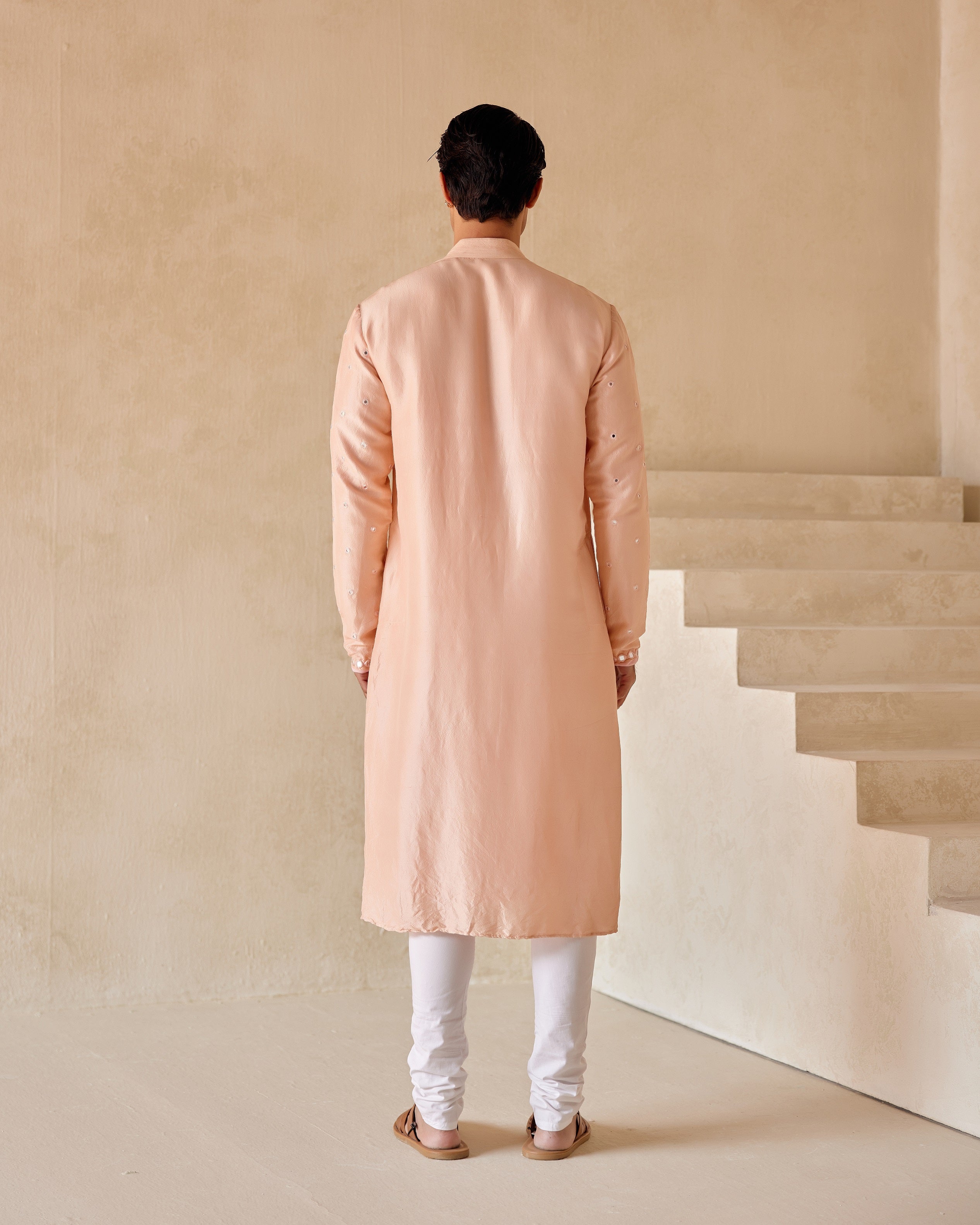 PEACH SILK KURTA WITH MIRRORWORK CHECK JAAL