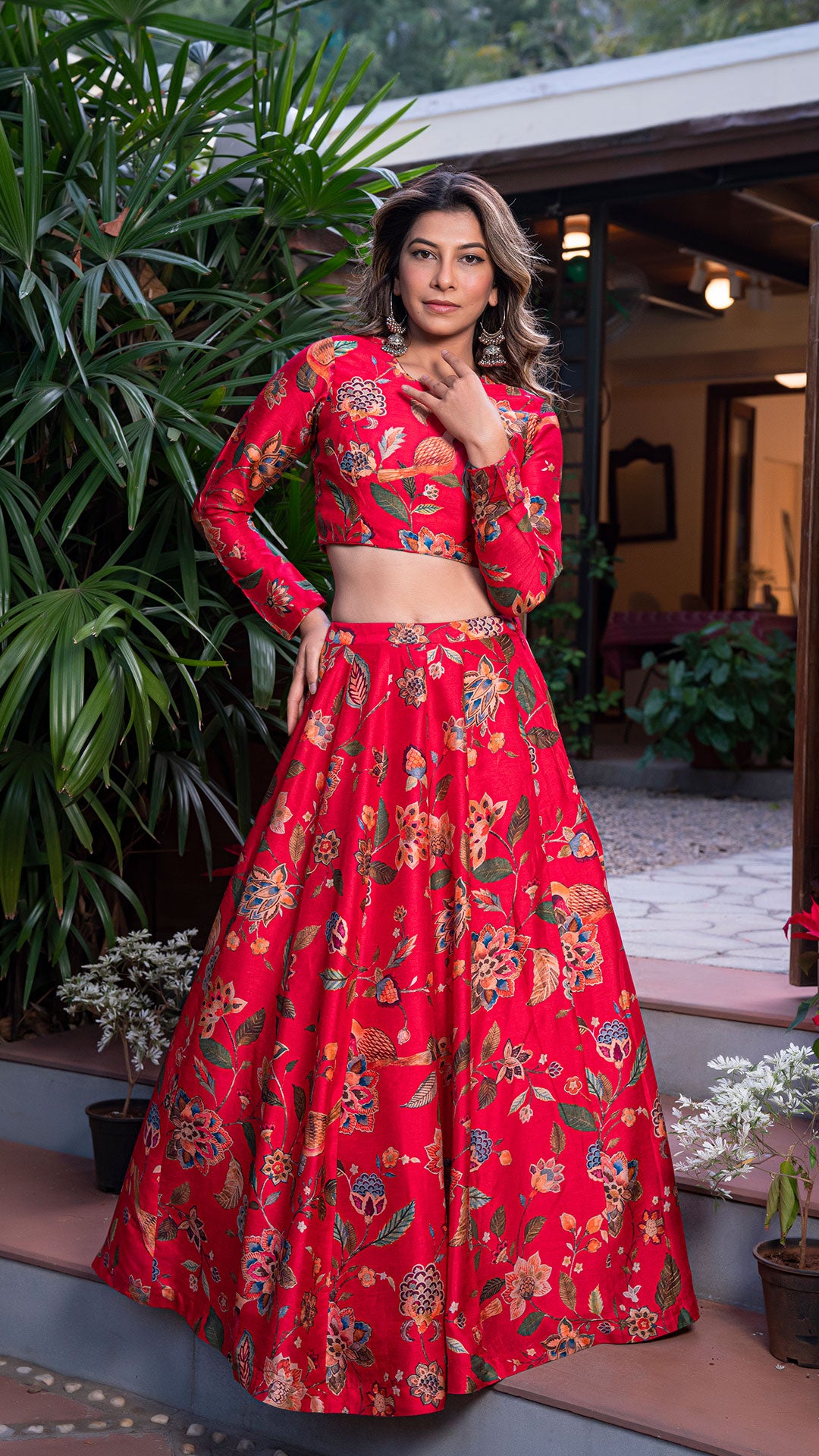 BIRDS OF PARADISE SILK LEHENGA SET - RED