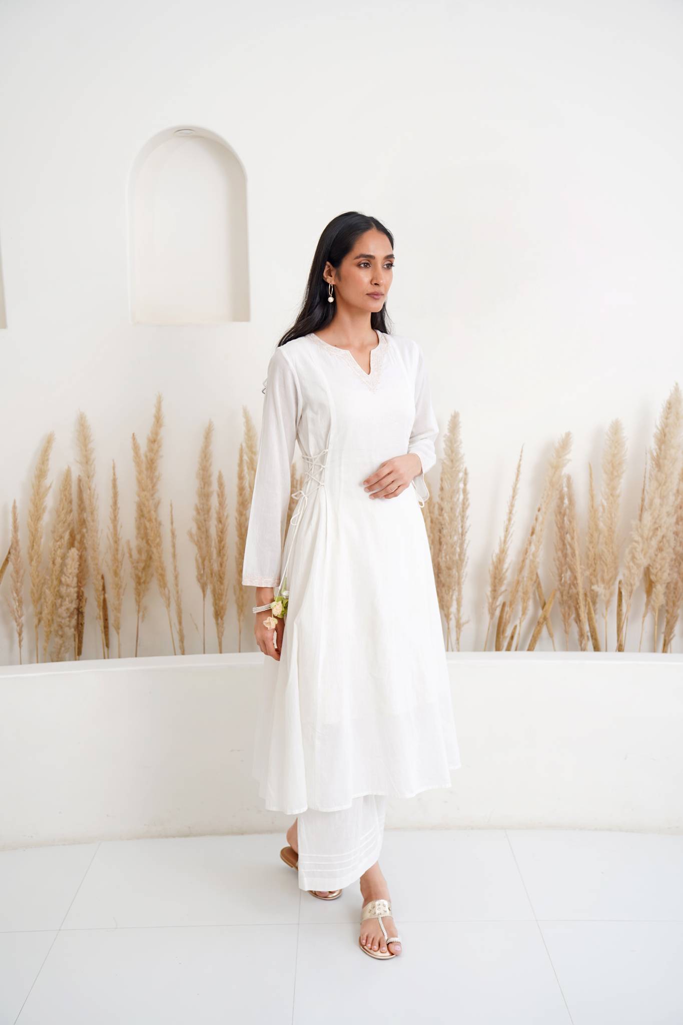 Ivory Cashmere Kurta with Wide Leg Pants- Set of 2