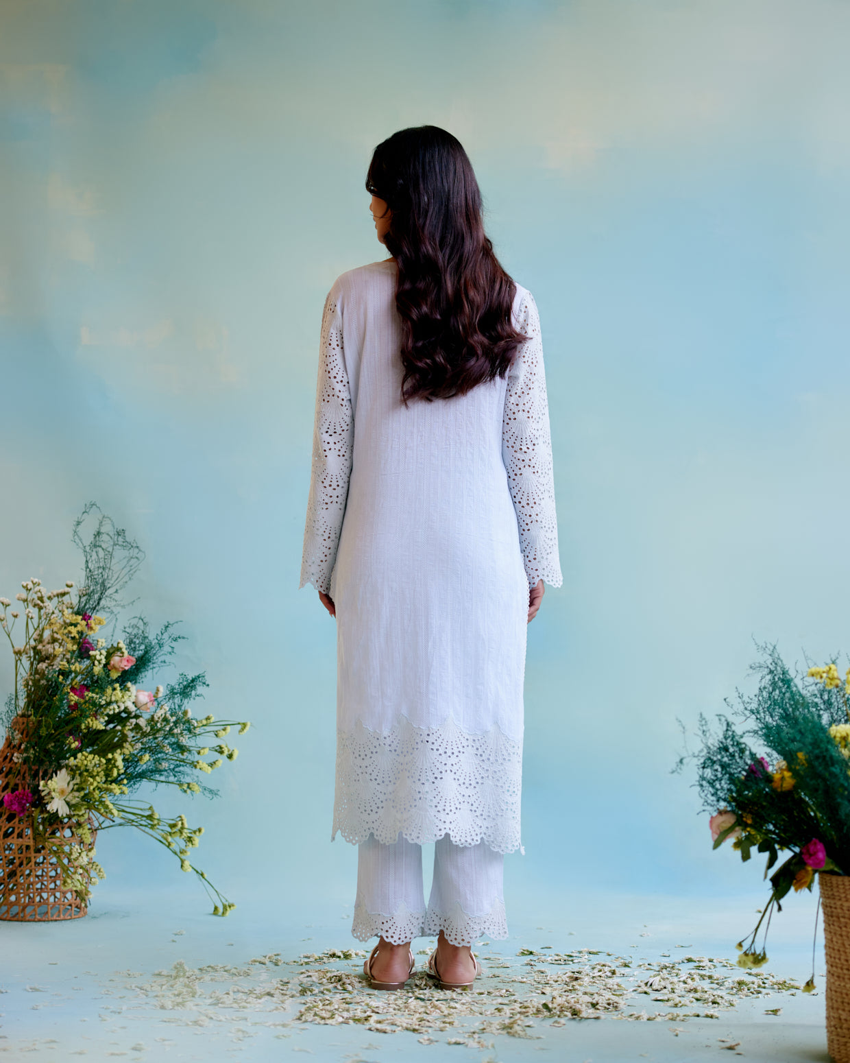 Periwinkle Blue Kurta in Cotton Dobby with Lace Detaling and Scallop Sleeves with Narrow Pants