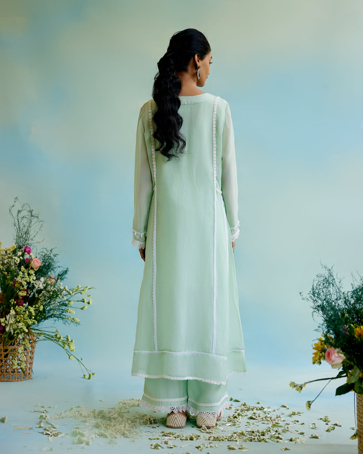 Mint Frost Organza Anarkali with Silky Modal Wide Leg Pants