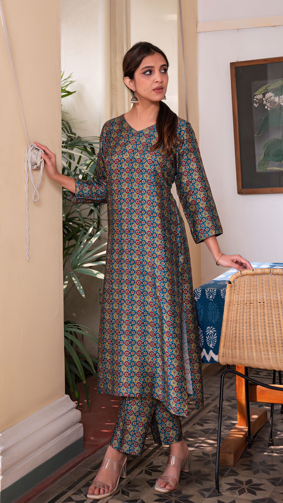 BARKHA SILK STRAIGHT KURTA + PANTS IN MULTI COLOUR AJRAKH PRINT