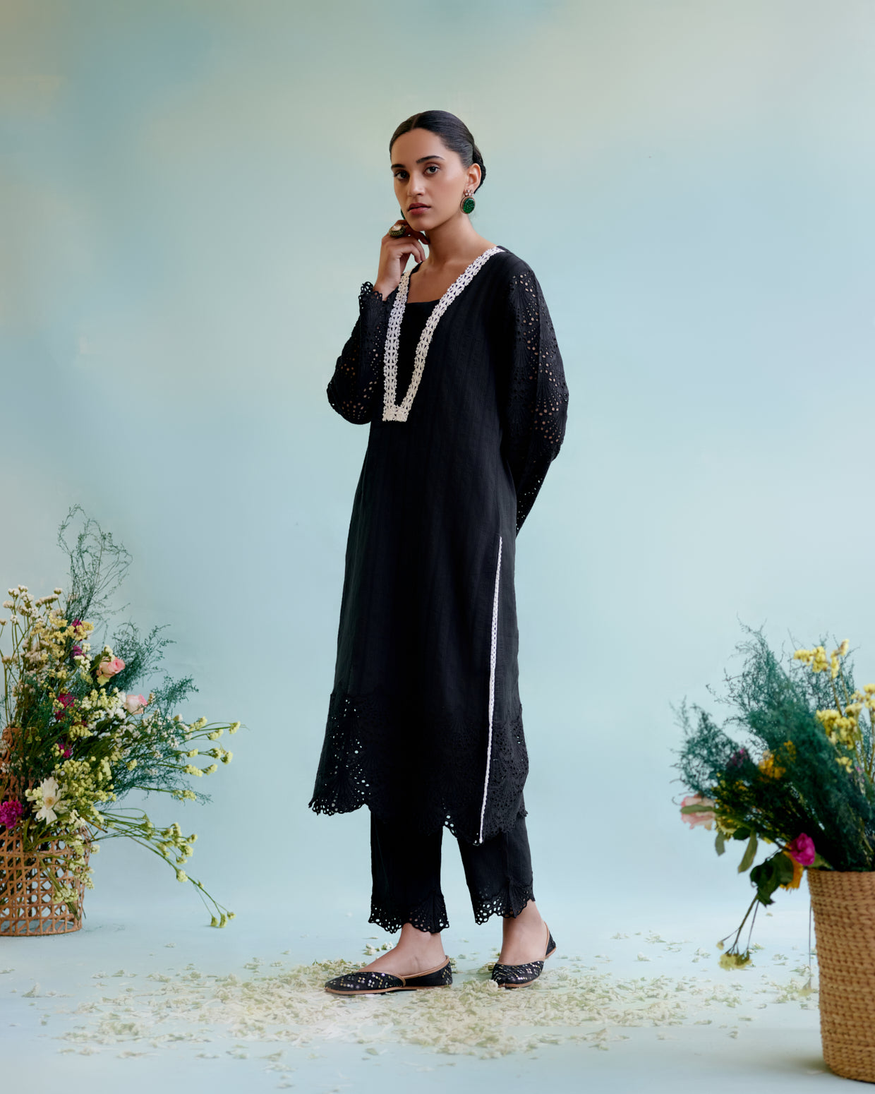 Black Blossom Kurta in Cotton Dobby with Lace Detaling and Scallop Sleeves with Narrow Pants