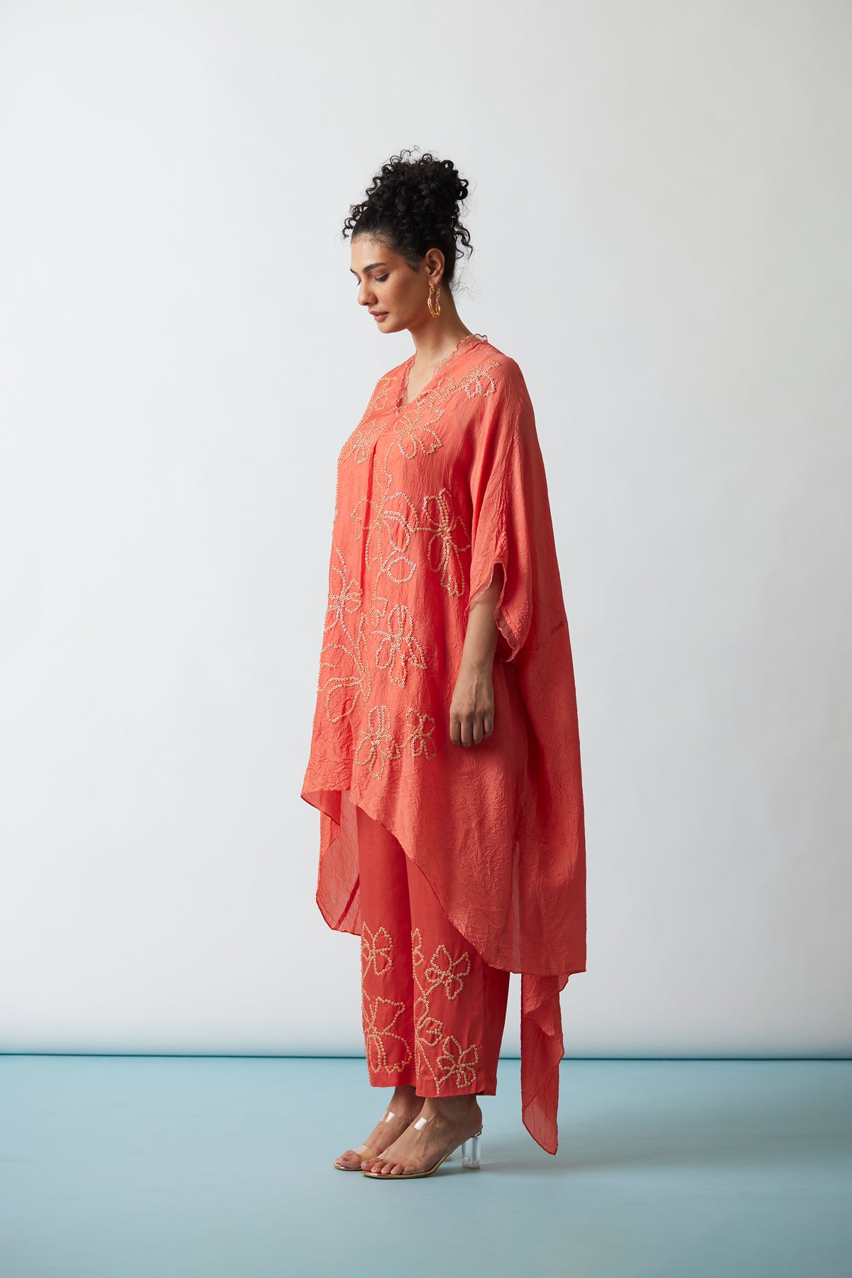 Coral Crushed silk Kaftan set