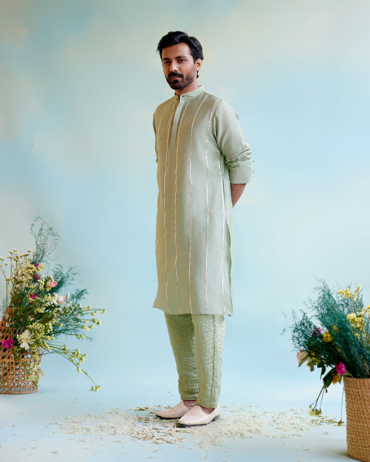 Sage Green Chanderi Gota Kurta with Crushed Stripe Tissue Narrow Pants