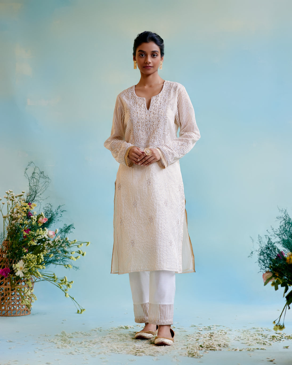 Gold Zari Crushed Stripe Tissue Kurta with Floral Embroidery and Bead Work