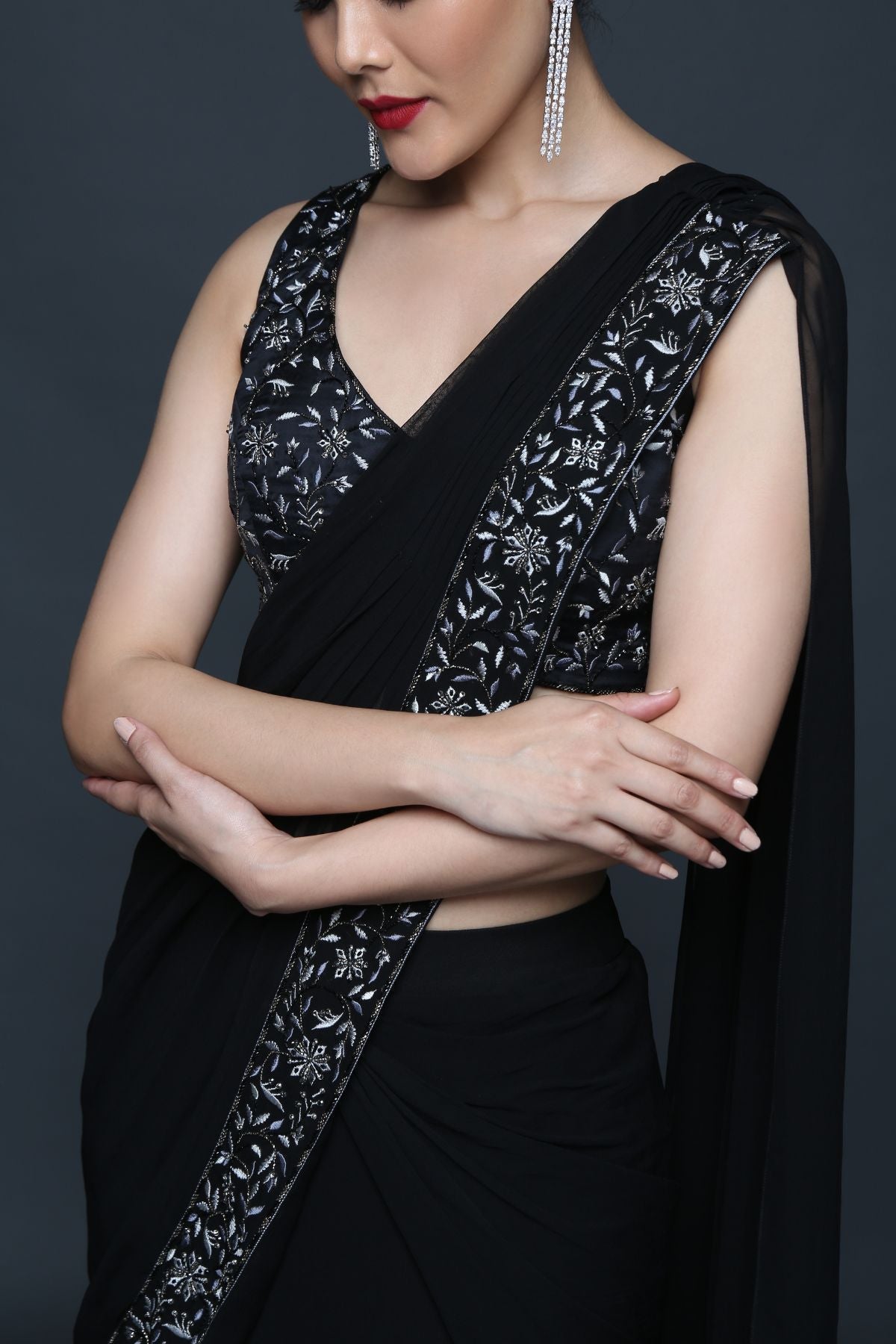 Black Pre Draped Ruffle Saree