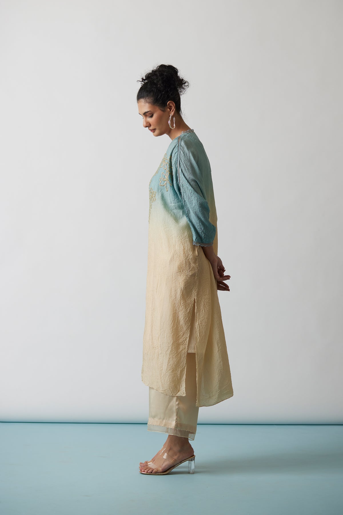 Cloud Blue Ombre Crushed silk Kaftan set