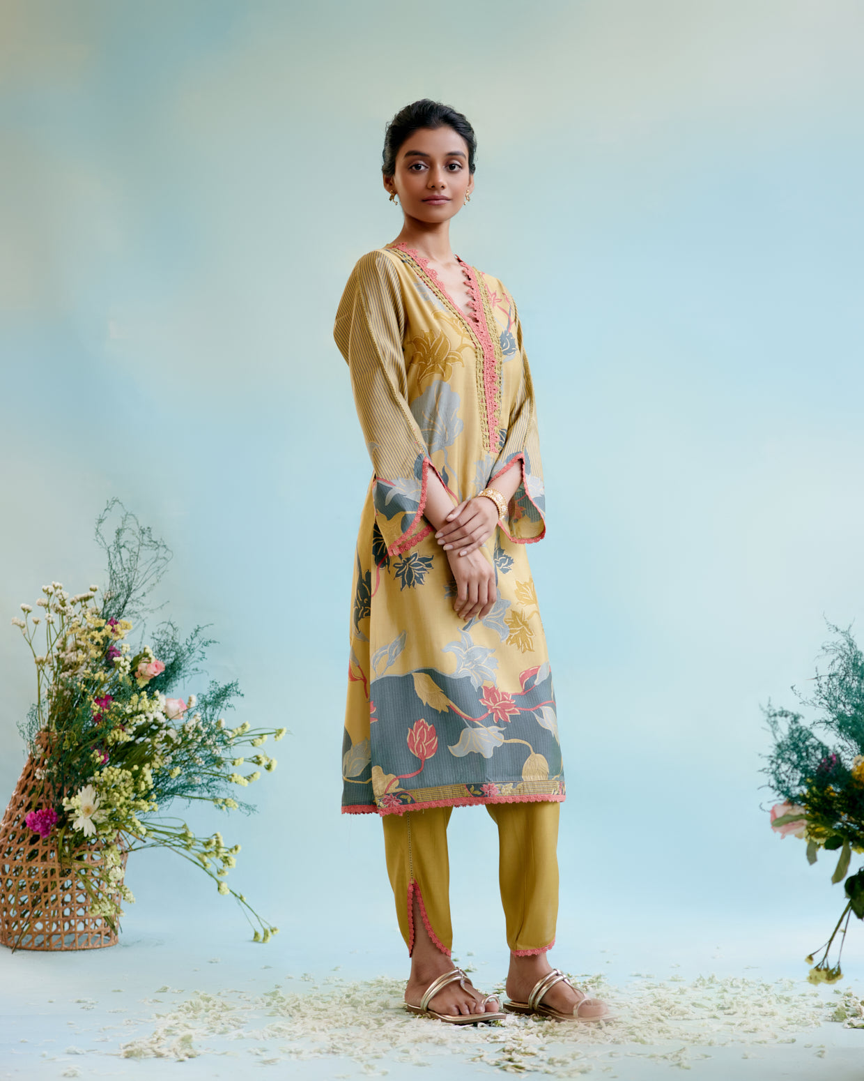 Rural Green Printer Kurta with delicate lace detailing with Tulip Pants and Dupatta