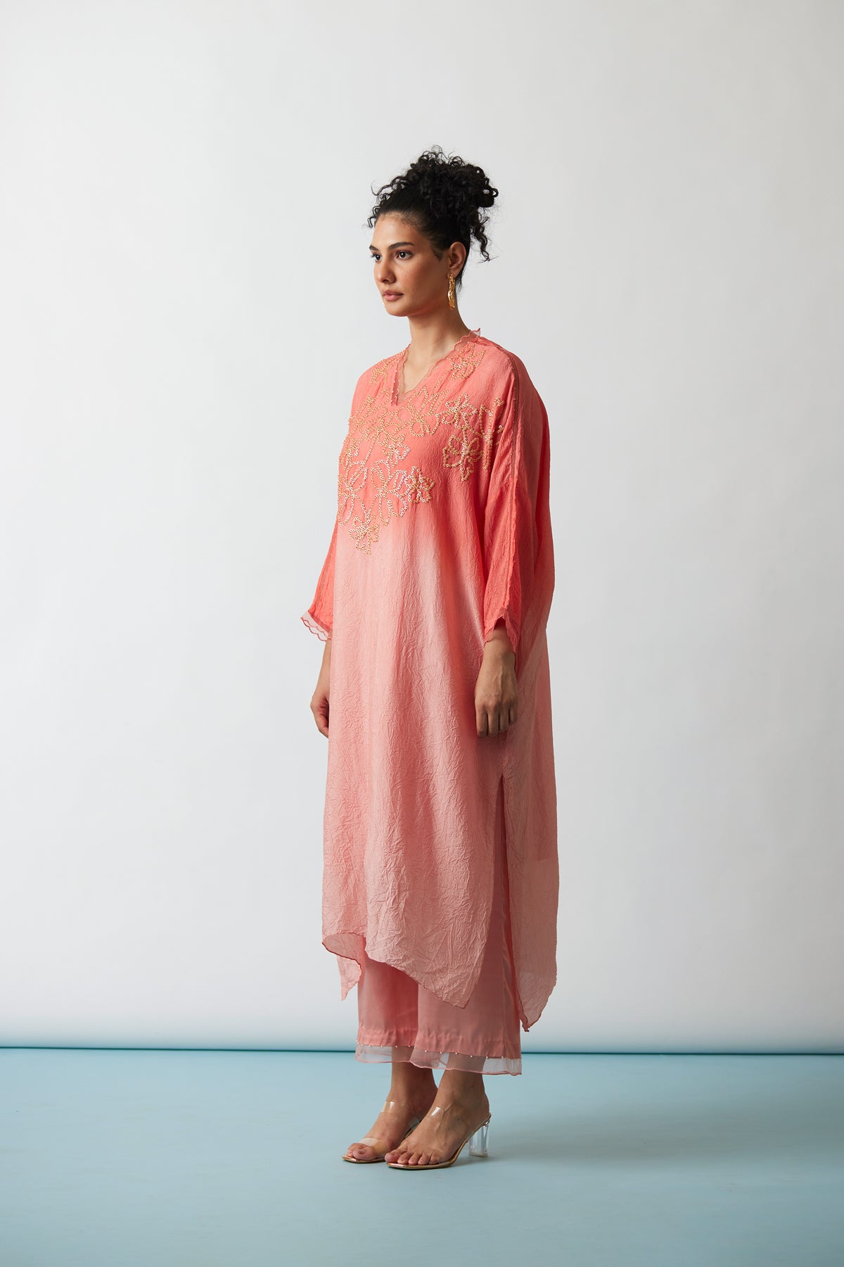 Coral Ombre Crushed silk Kaftan set