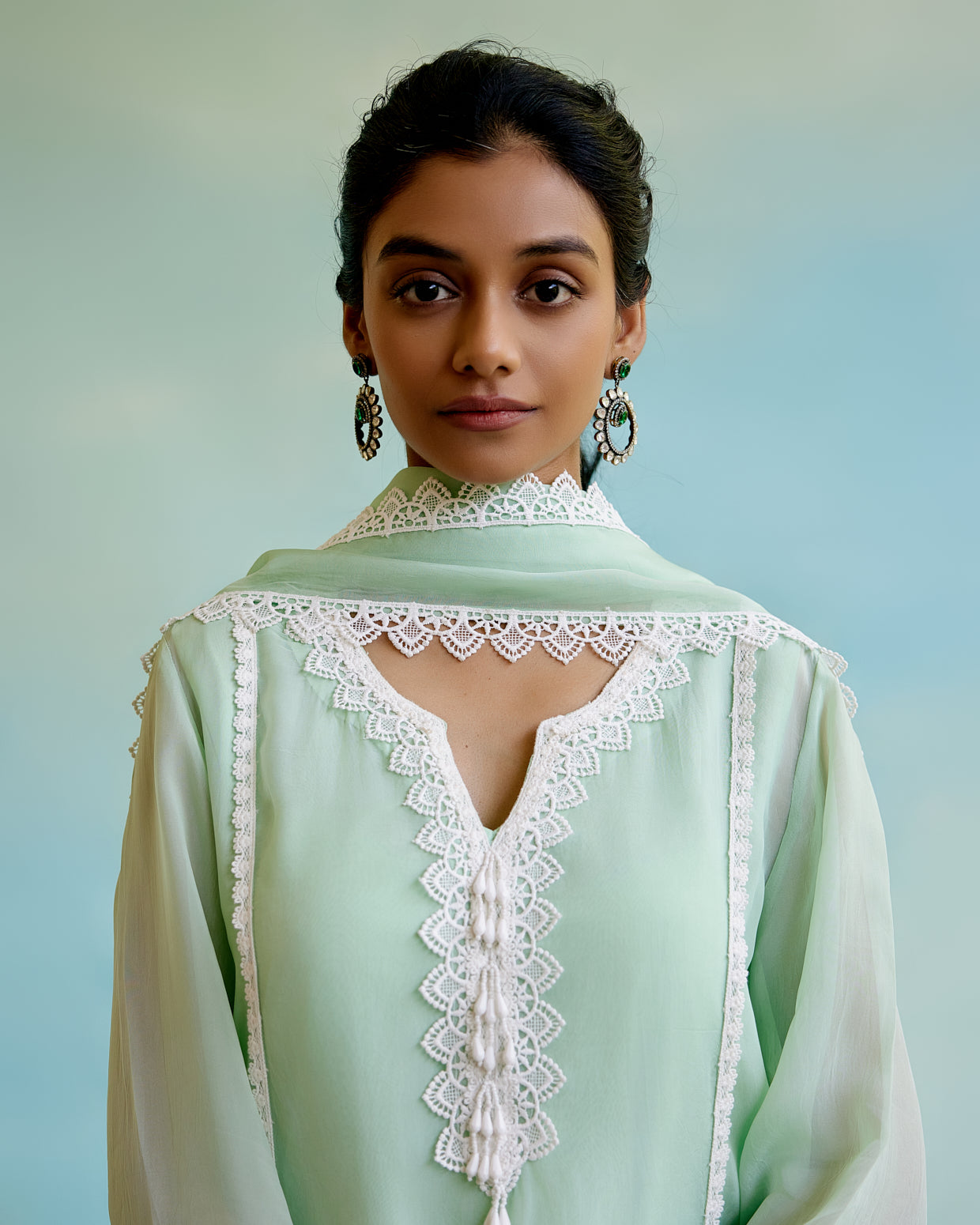 Mint Frost Organza Dupatta with lace detailing