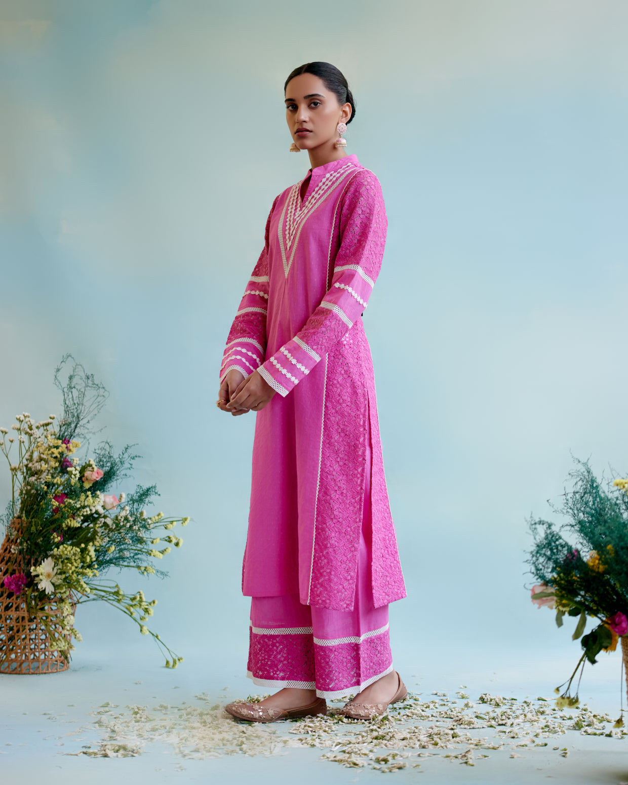 Neon Pink Kurta in Cotton Dobby and Schiffli fabric with Delicate Lace Detaling with Wide Leg Pants