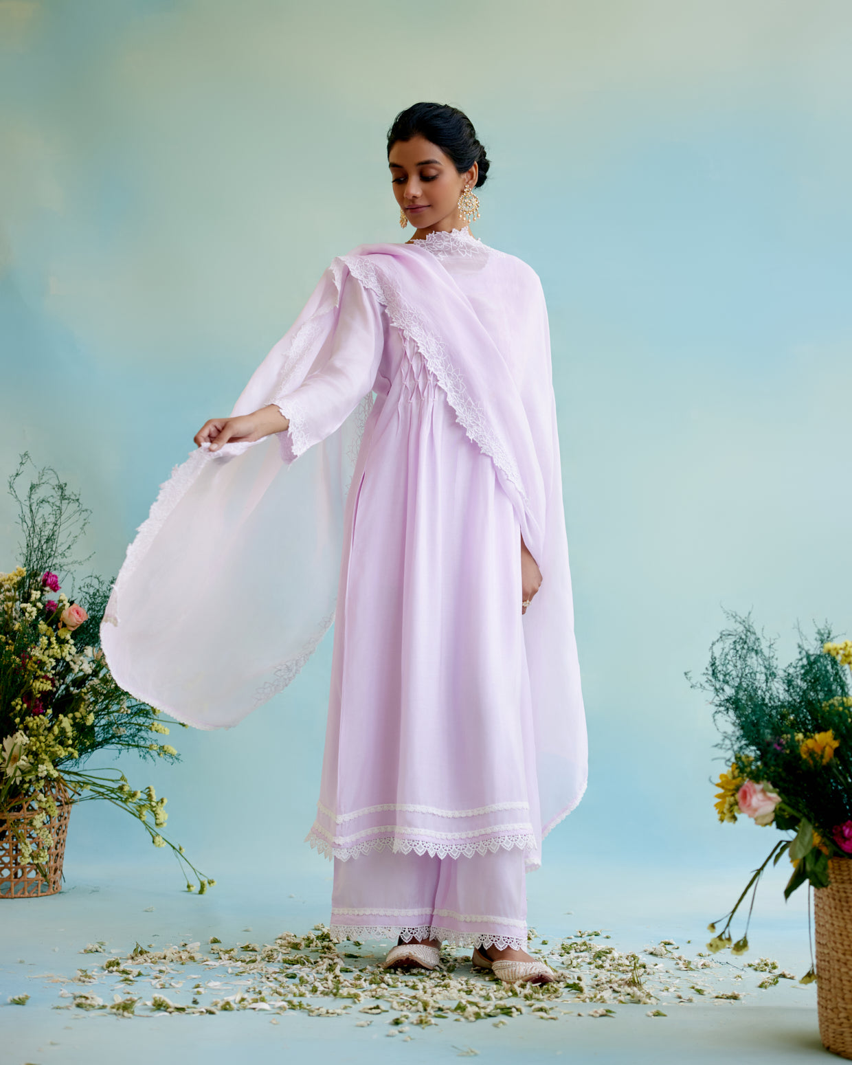 Lilac Pearl Satka Net Dupatta with Floral Scallop