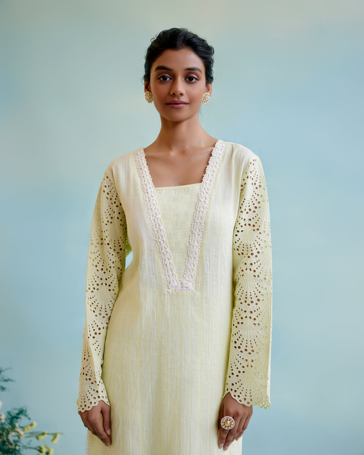 Yellow Petal Cotton Dobby Kurta with Cotton Dobbby Narrow Pants