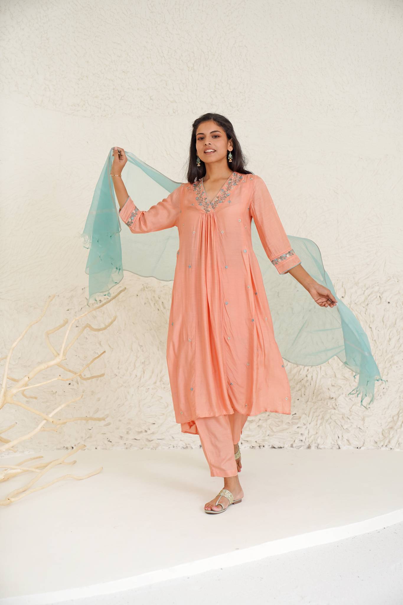 Coral Daisy Kurta with Narrow Pants- Set of 2