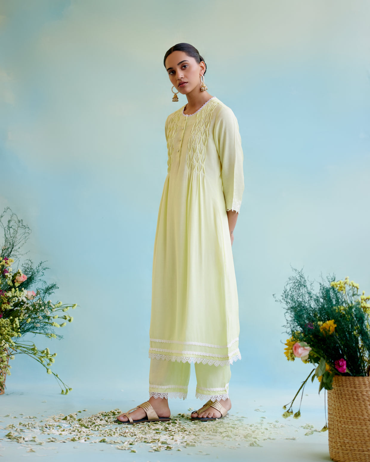 Sunny Lime Pearl Kurta in Silky Modal with Delicate Lace Detaling